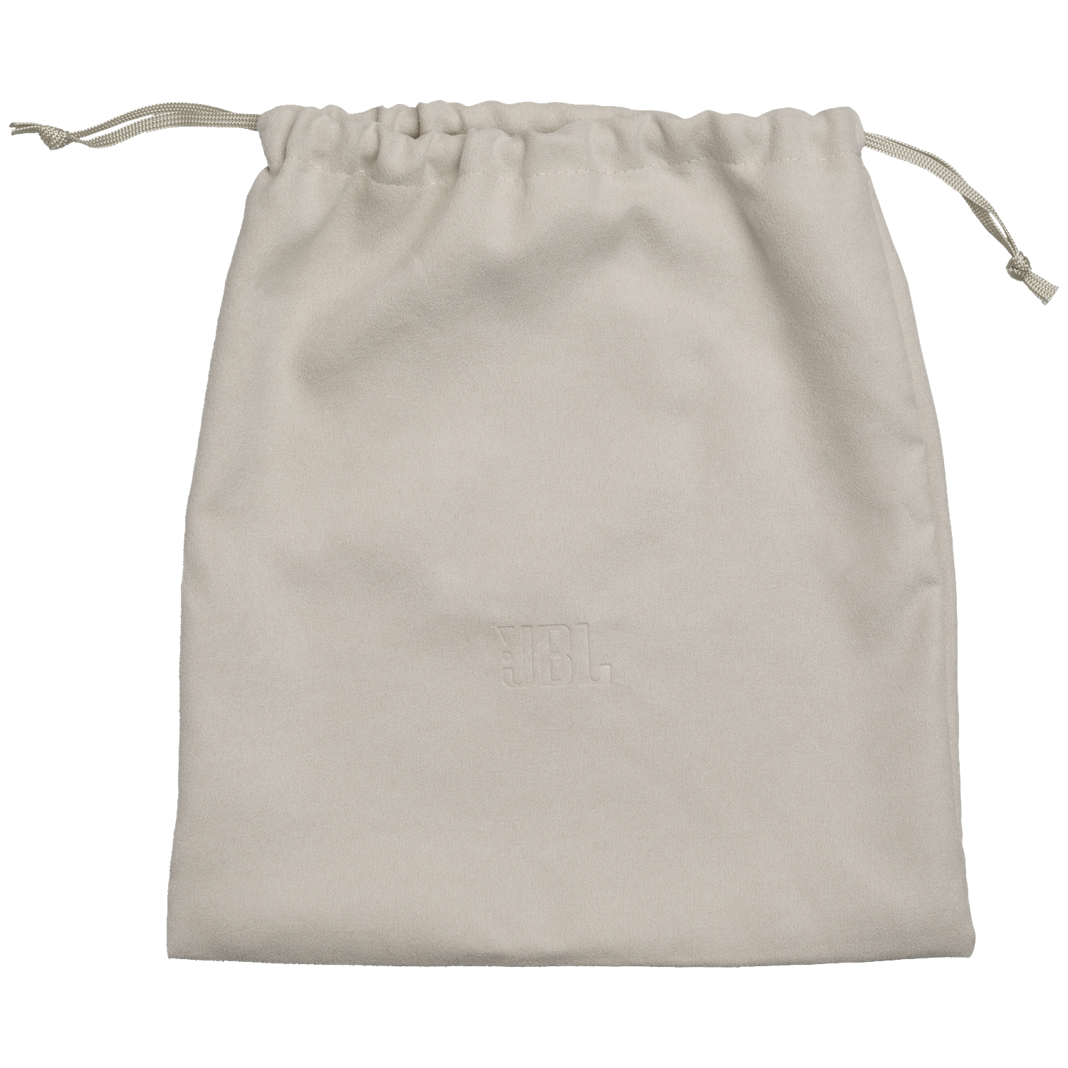 Sac cordon beige en tissu avec logo JBL en relief sur fond noir.