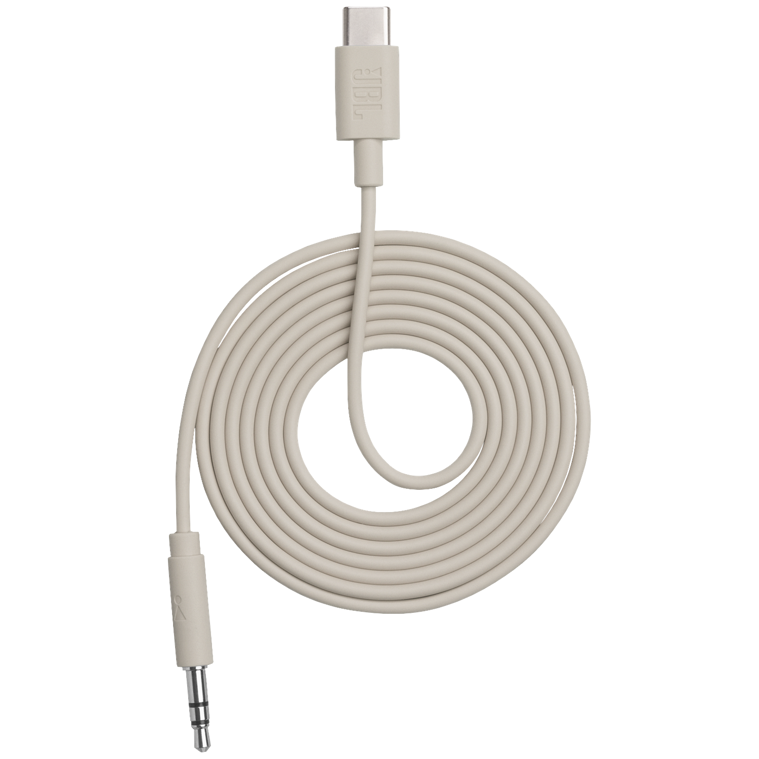 Un câble JBL beige clair avec connecteurs USB-C et jack 3,5 mm, enroulé.