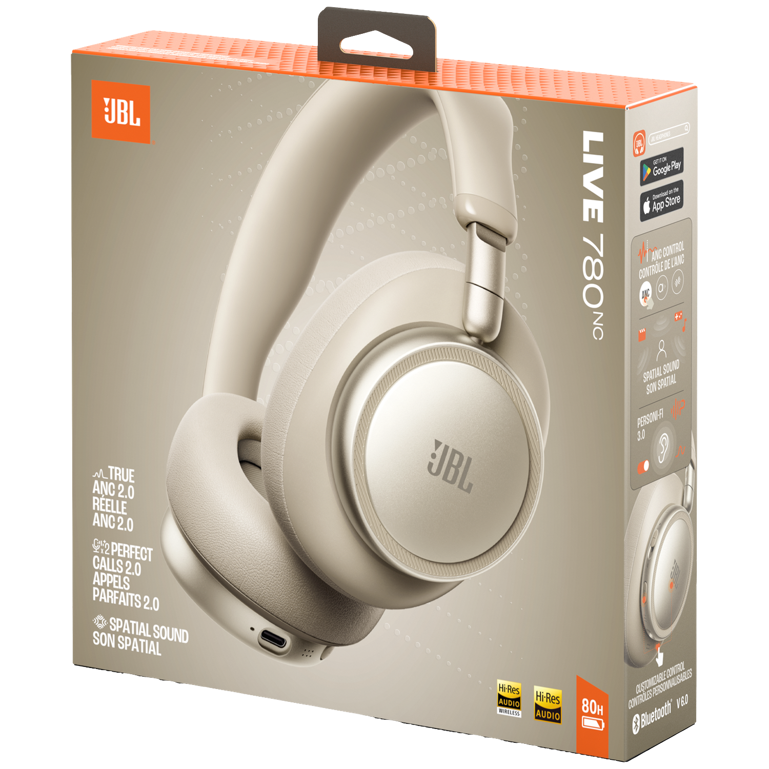 Boîte d'écouteurs JBL Live 780NC beige, montrant les caractéristiques du produit et les icônes de téléchargement d'application.
