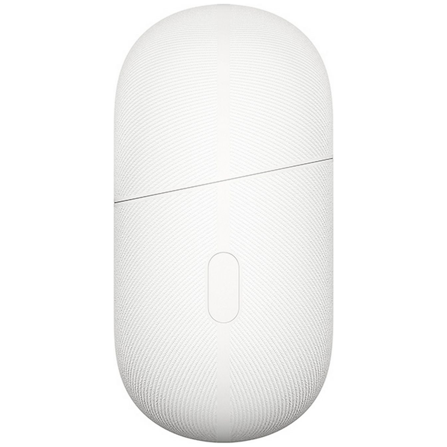 Boîtier de charge ovale blanc à surface texturée et ligne de séparation fine.