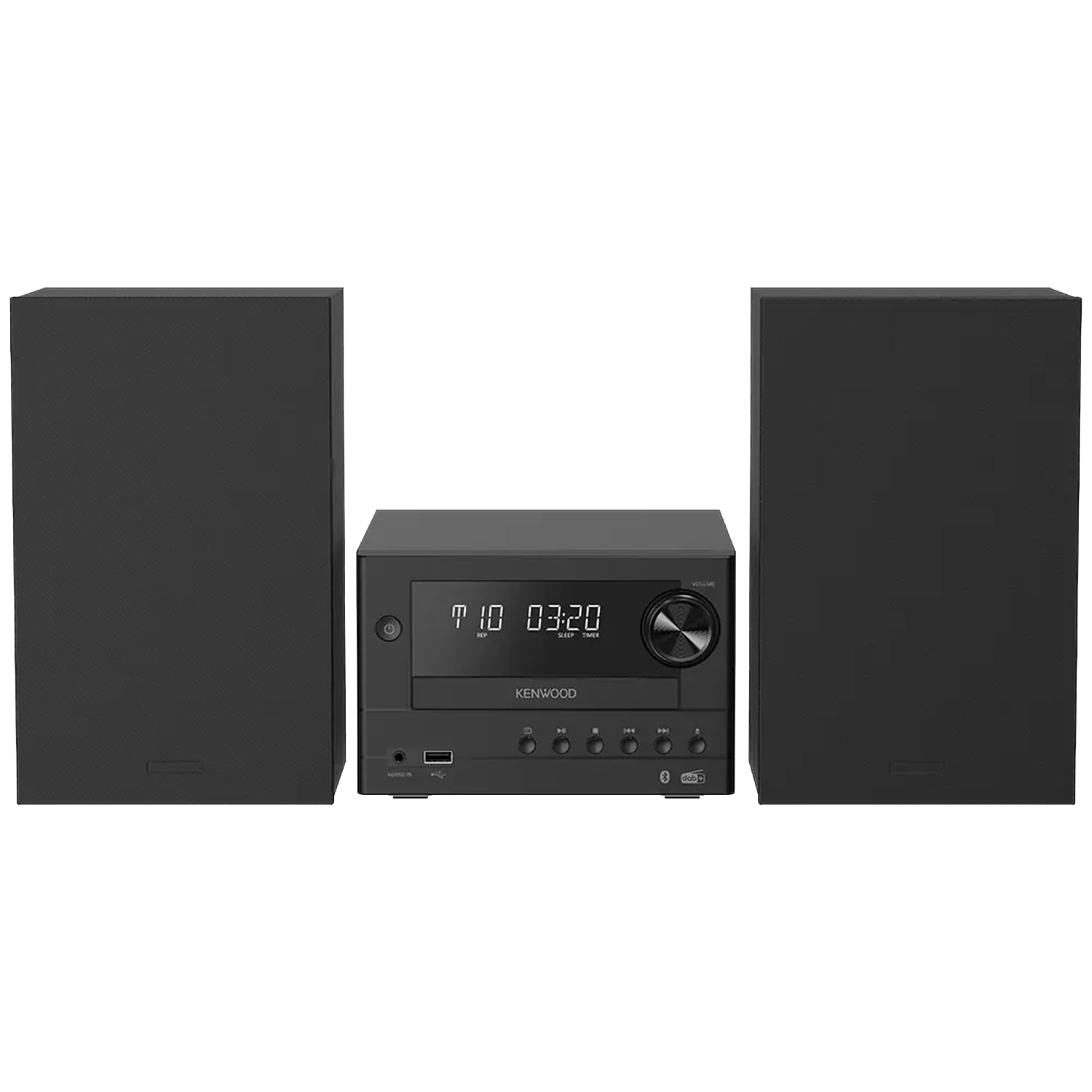 Een zwart Kenwood stereosysteem met twee luidsprekers en een centrale unit.