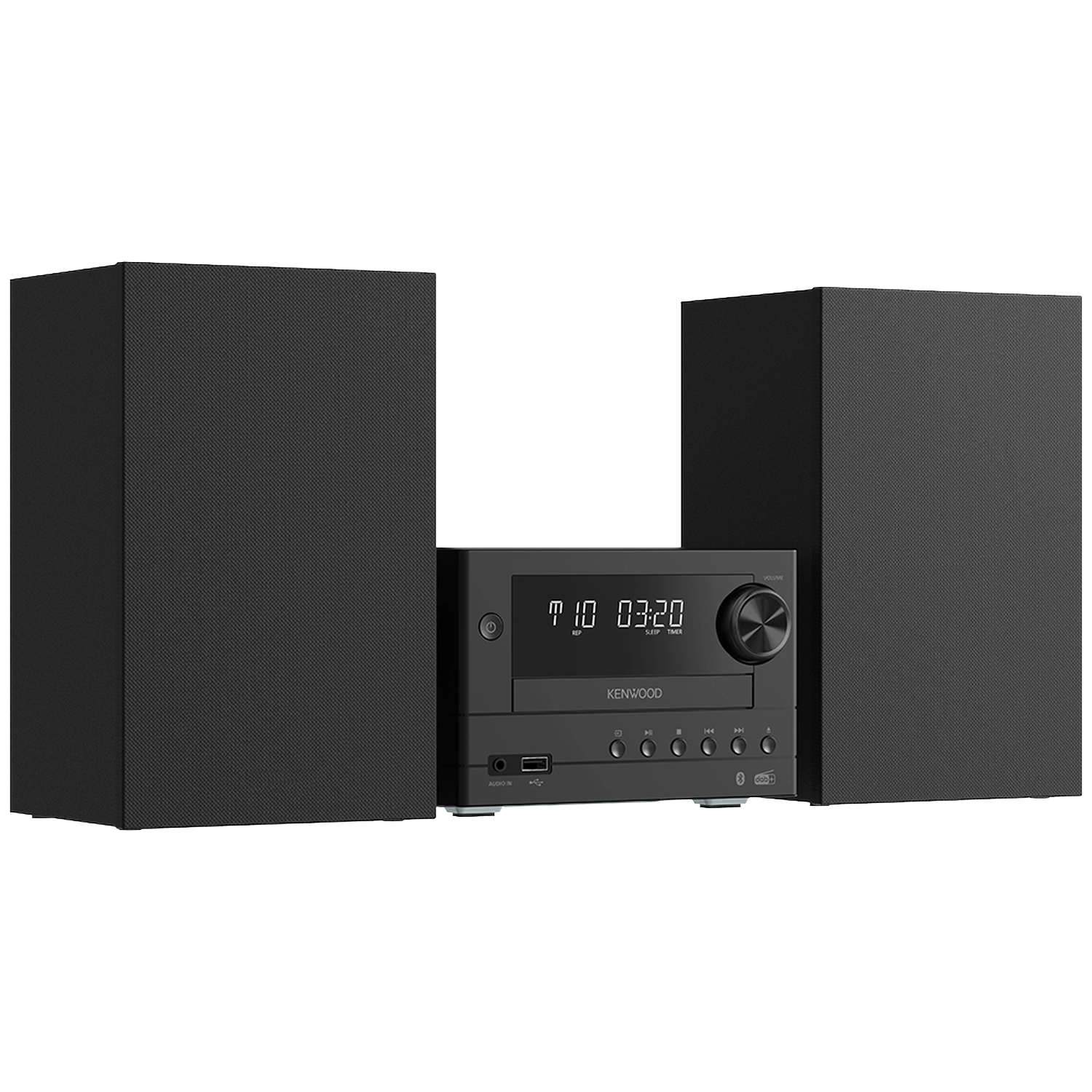 Een zwart Kenwood stereosysteem met twee luidsprekers en een centrale unit die de tijd weergeeft.