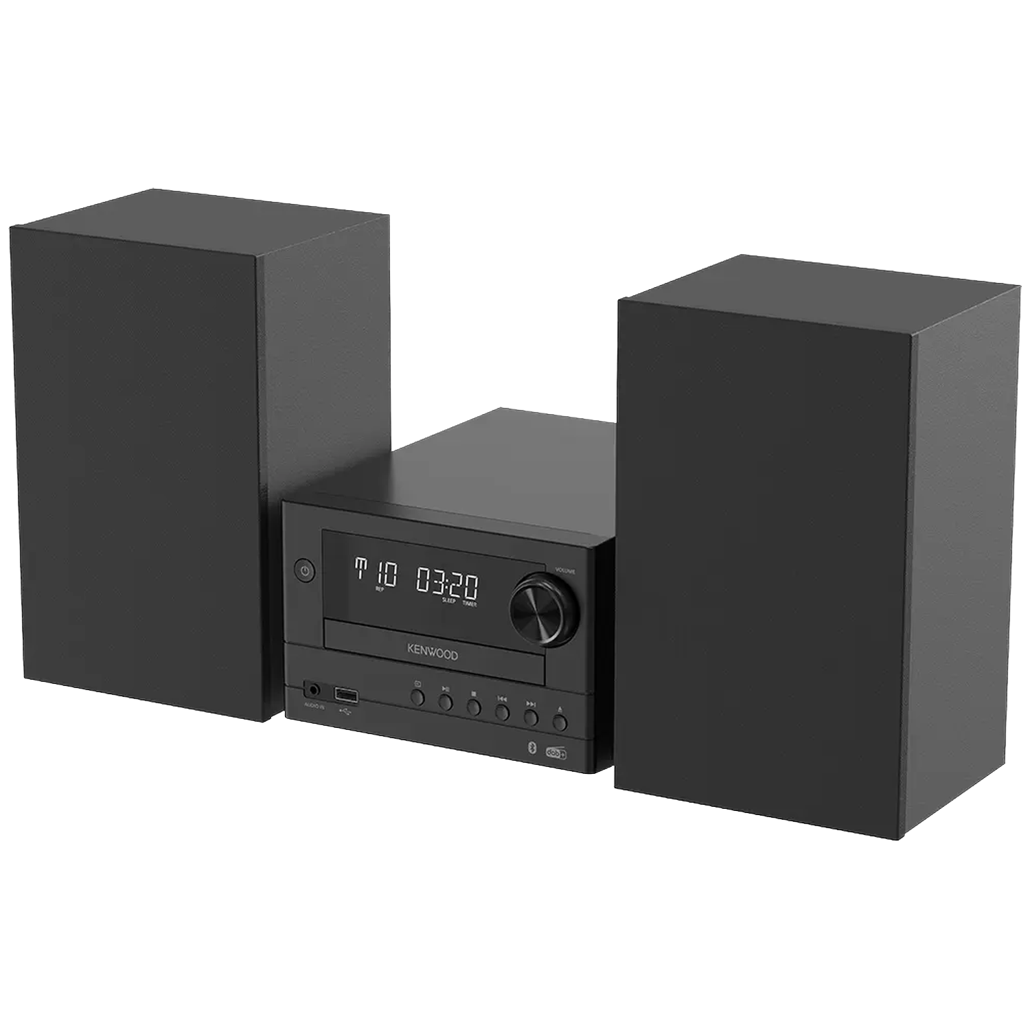 Een zwart Kenwood stereosysteem met cd-speler en twee luidsprekers.