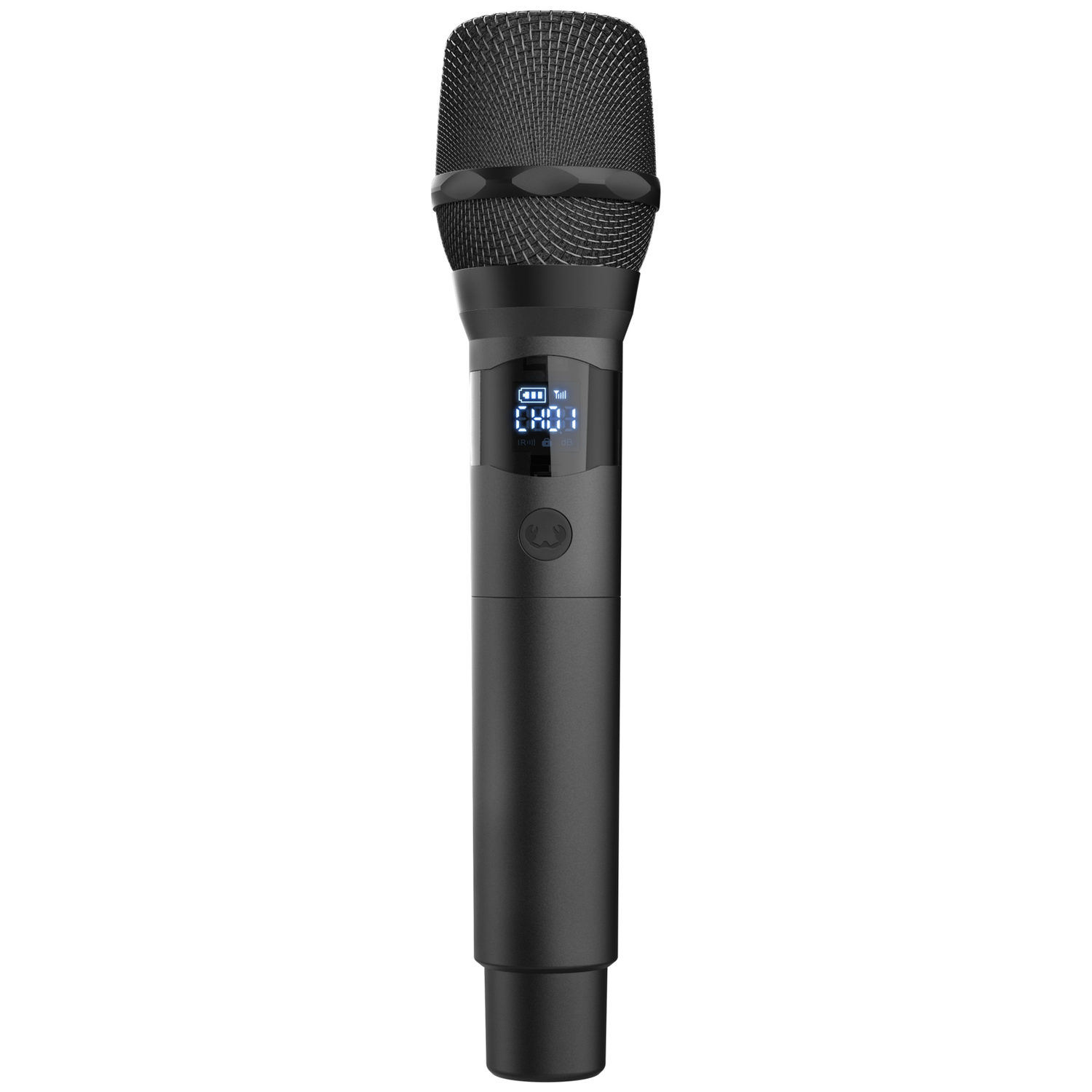 Black microphone with digital display showing channel 01 and battery level.