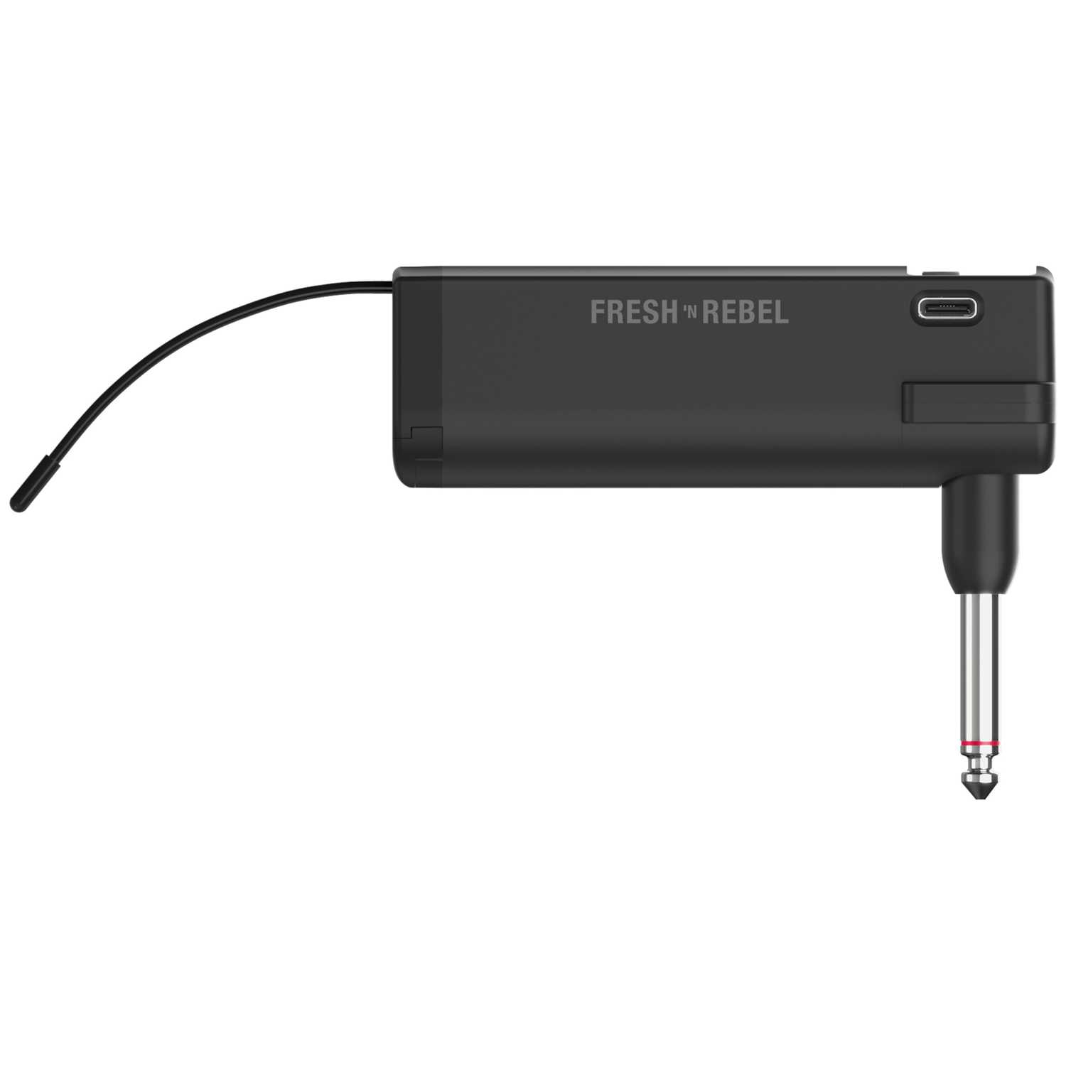 Black transmitter with a cable, USB-C port, and guitar plug.