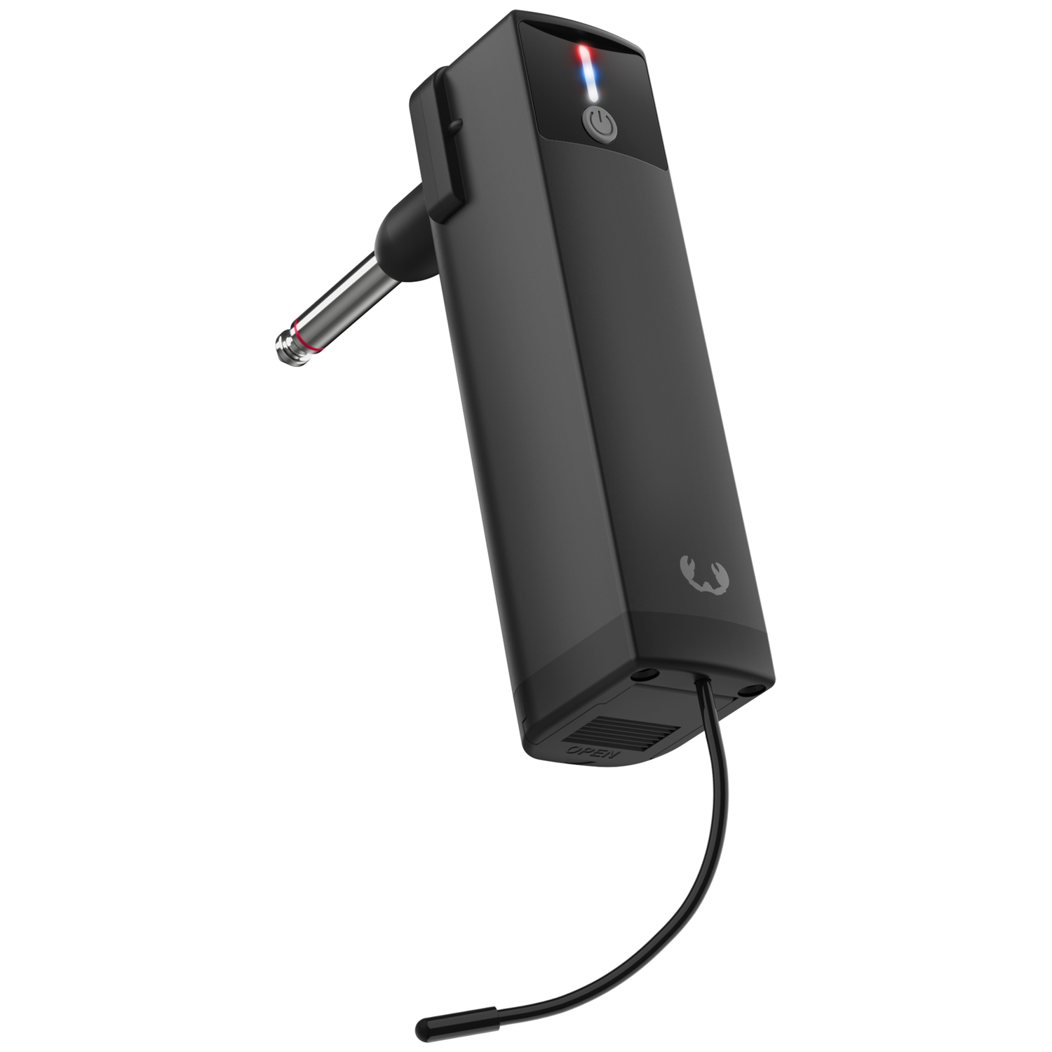 Black guitar transmitter with jack plug and charging port.