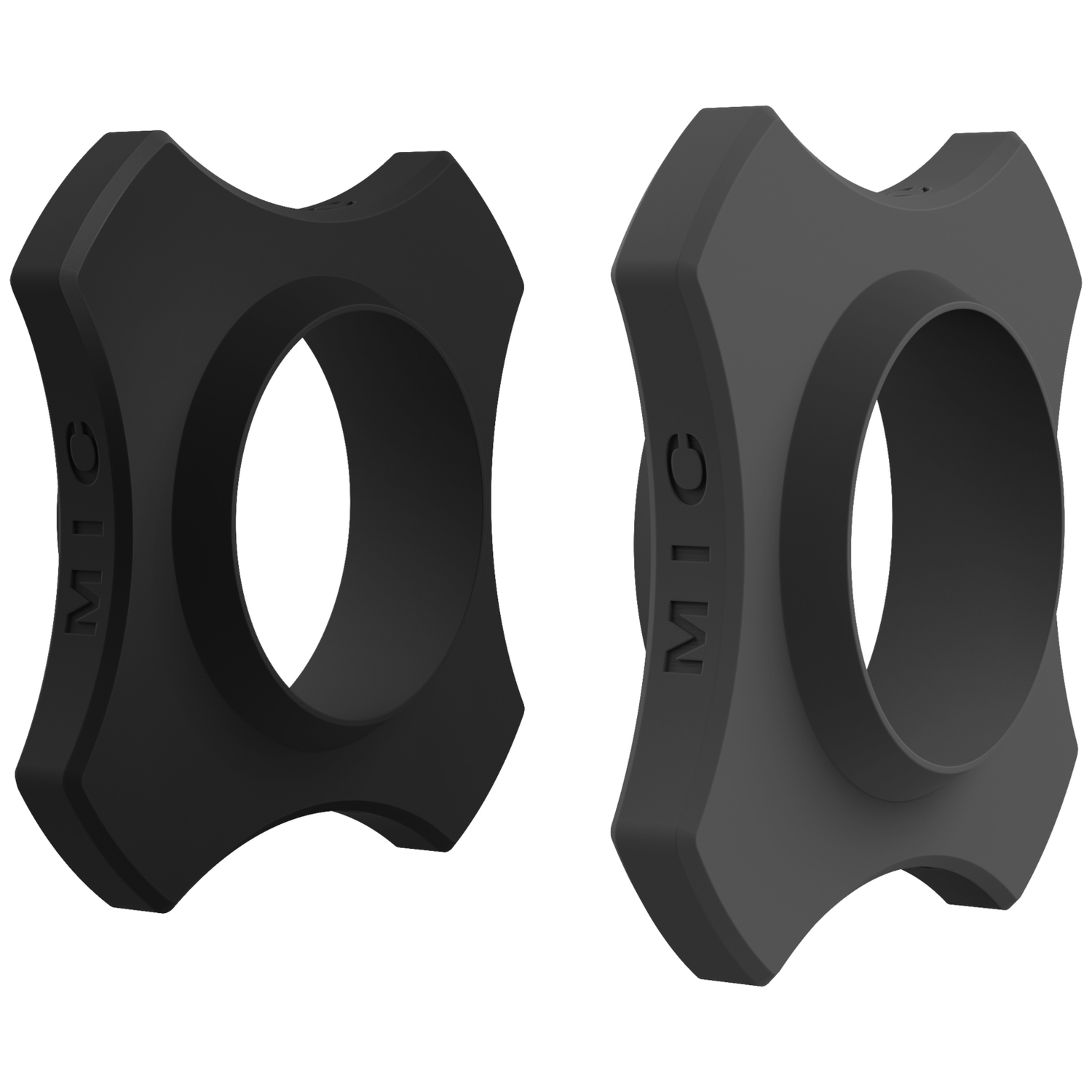 Two black and dark gray rings with MIC embossed side by side.