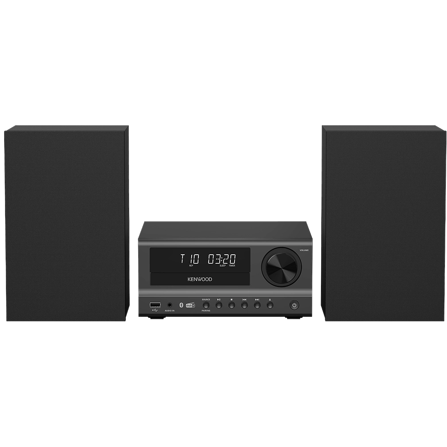 Een Kenwood microsysteem met twee zwarte luidsprekers en een centrale receiver met display.