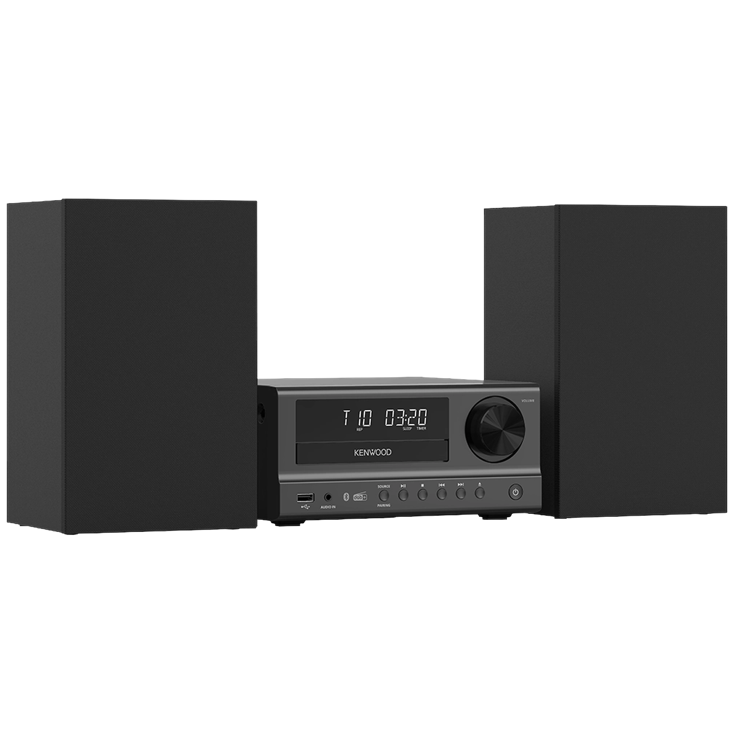 Een zwart Kenwood Hi-Fi systeem met twee luidsprekers en een centrale unit.