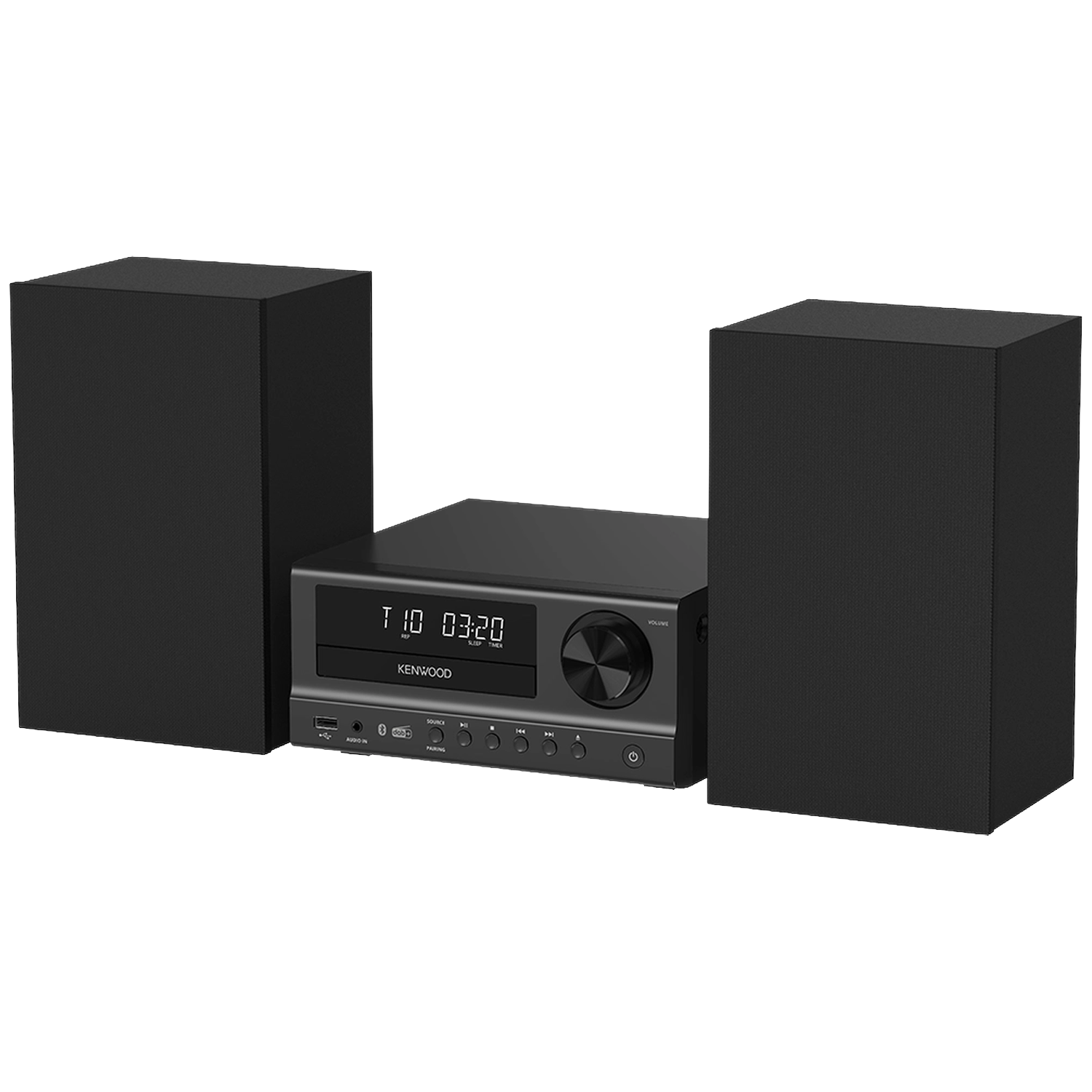 Een zwart Kenwood stereosysteem met twee luidsprekers en een centrale receiver.