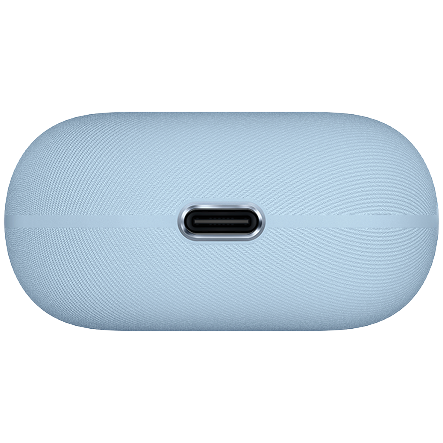 Lichtblauw oplaadetui met USB-C poort, stoffen textuur.