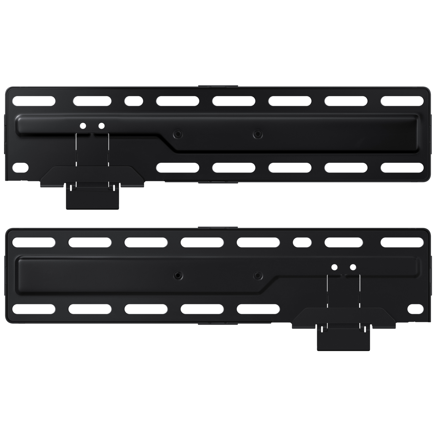 Two black TV wall mounts with slots and mounting brackets.