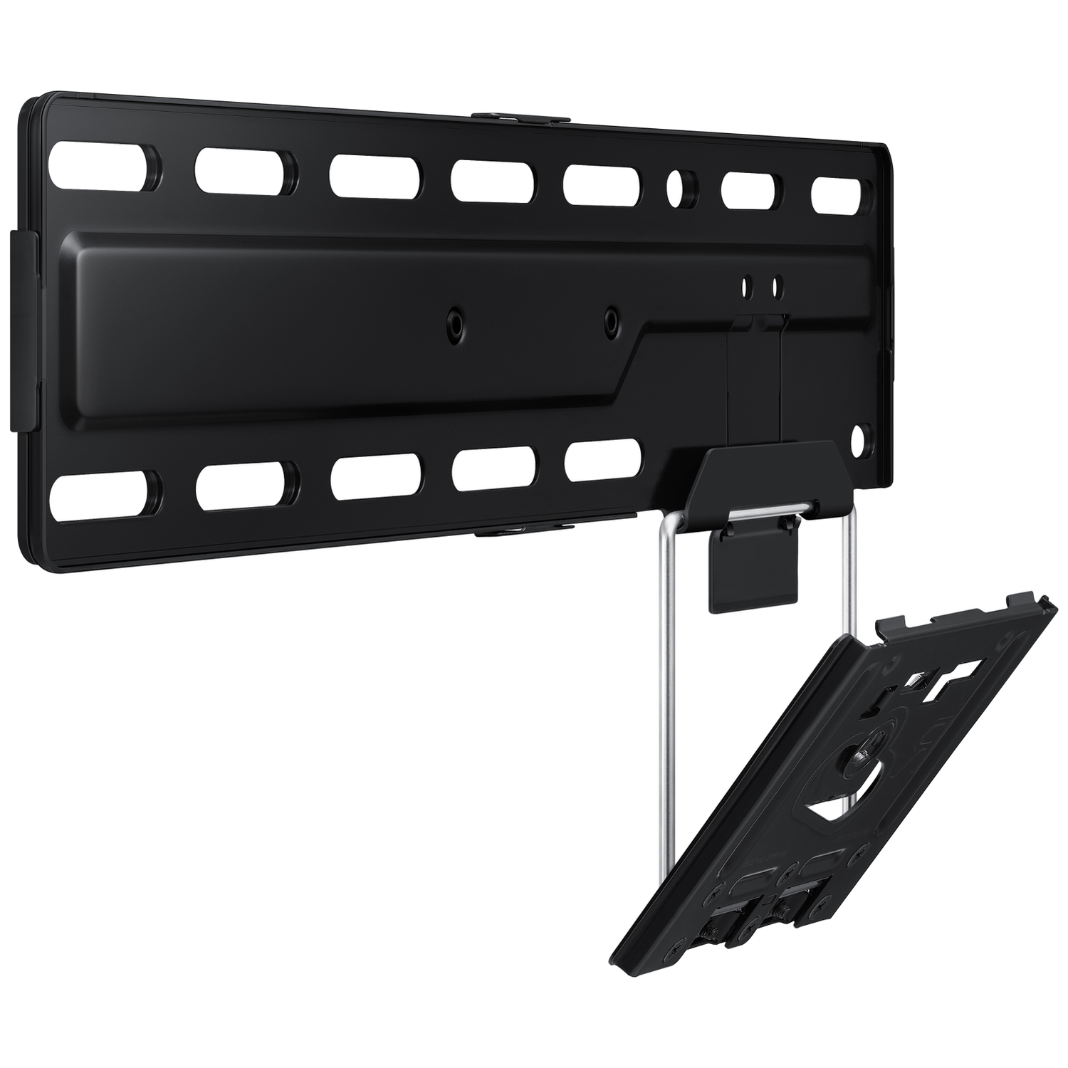 Black TV wall mount with detachable plate, silver rods, white background