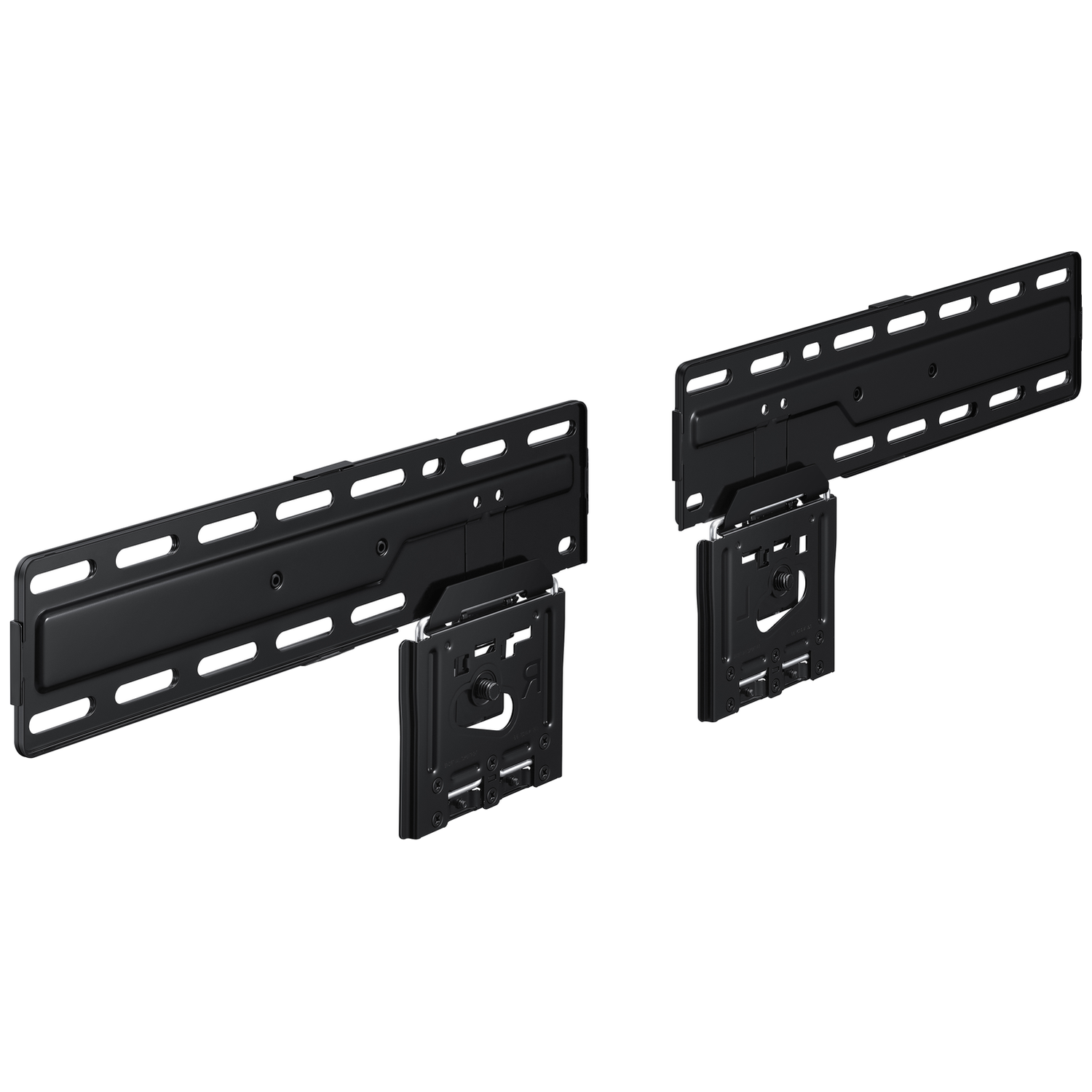 Two black TV wall mount brackets displayed side-by-side on a white background.
