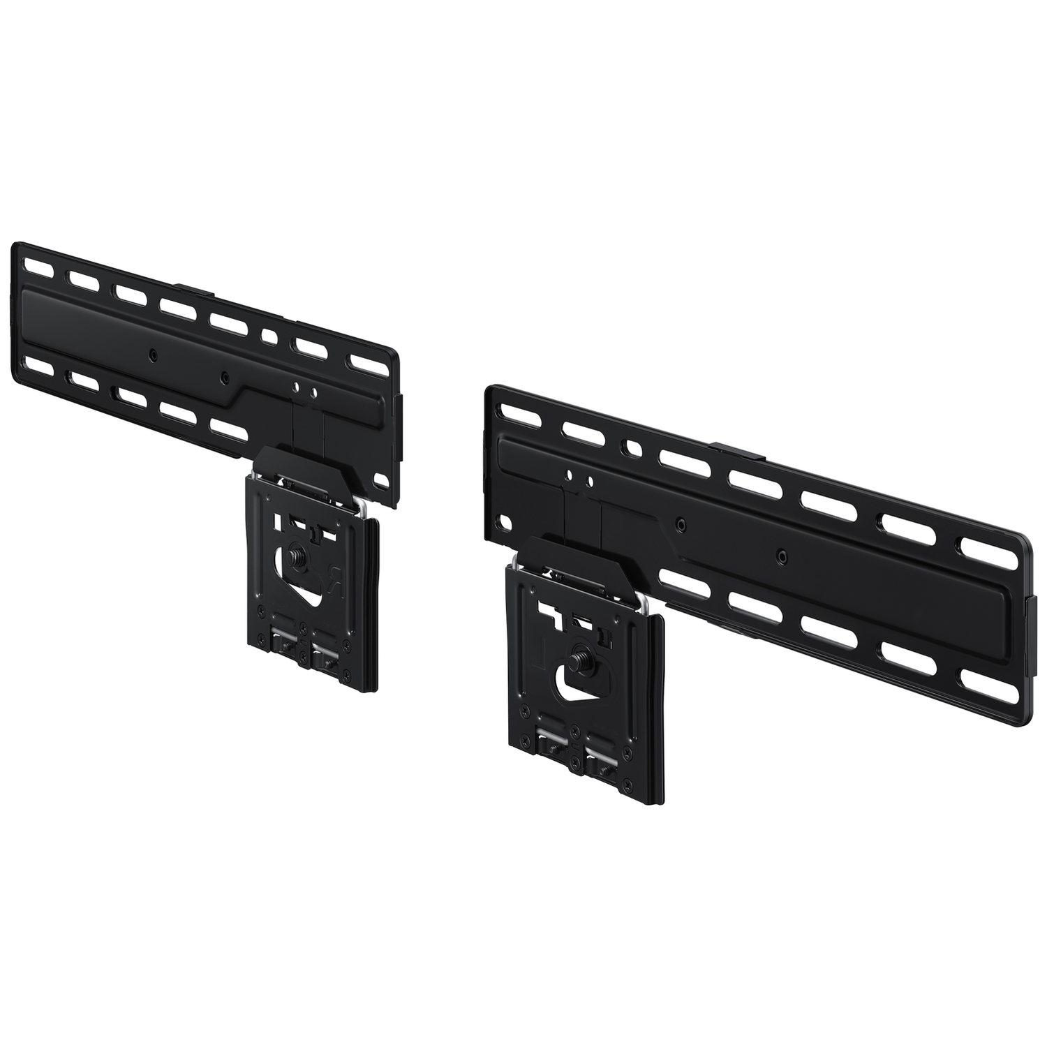 Two black TV wall mounts with adjustable arms on a white background.