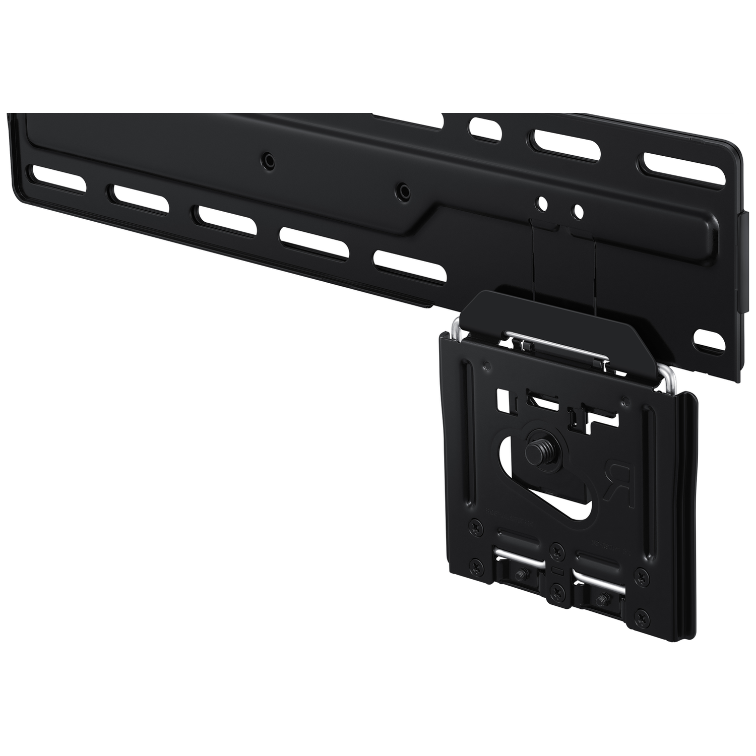Black TV wall mount with rails and hooks. Close-up view.