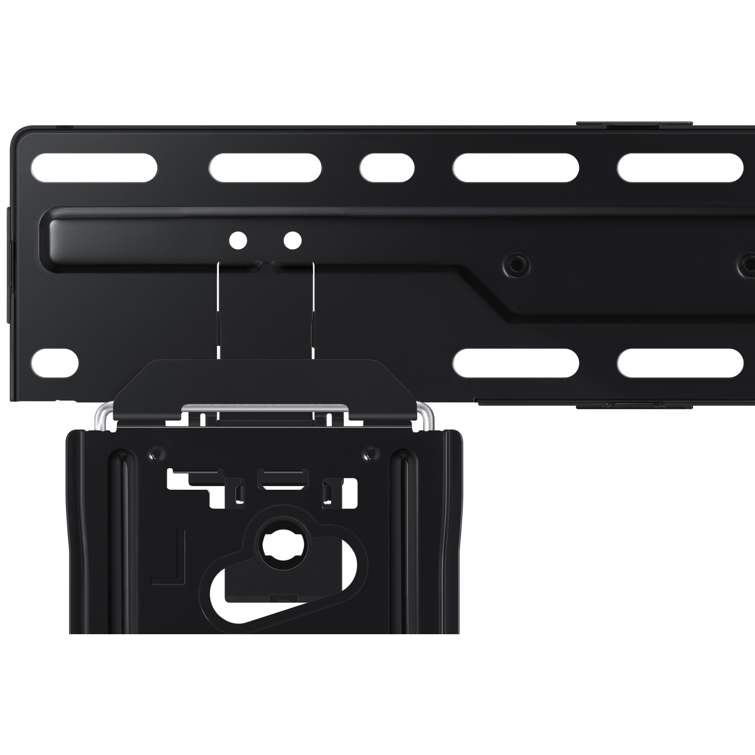 Black TV wall mount with hinge and slots.