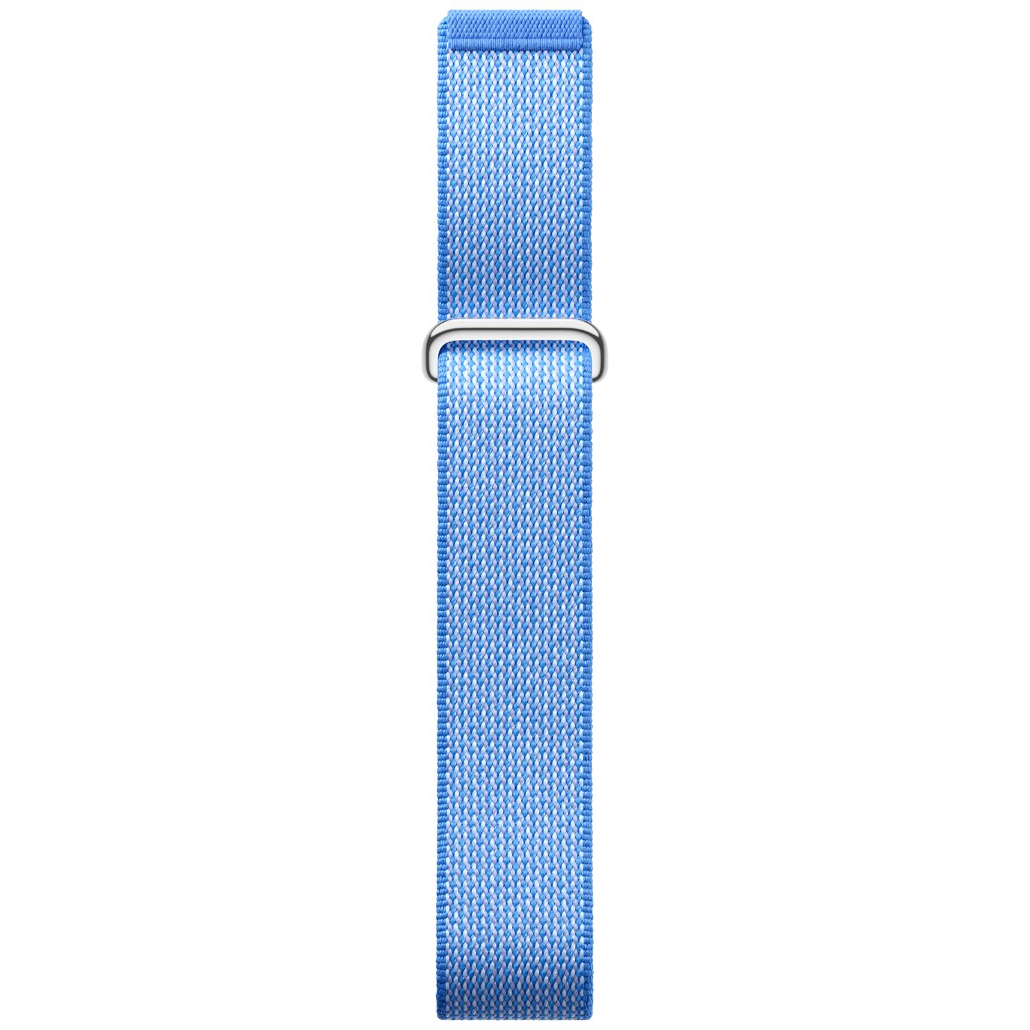 Een blauw-wit geweven horlogeband met metalen gesp.