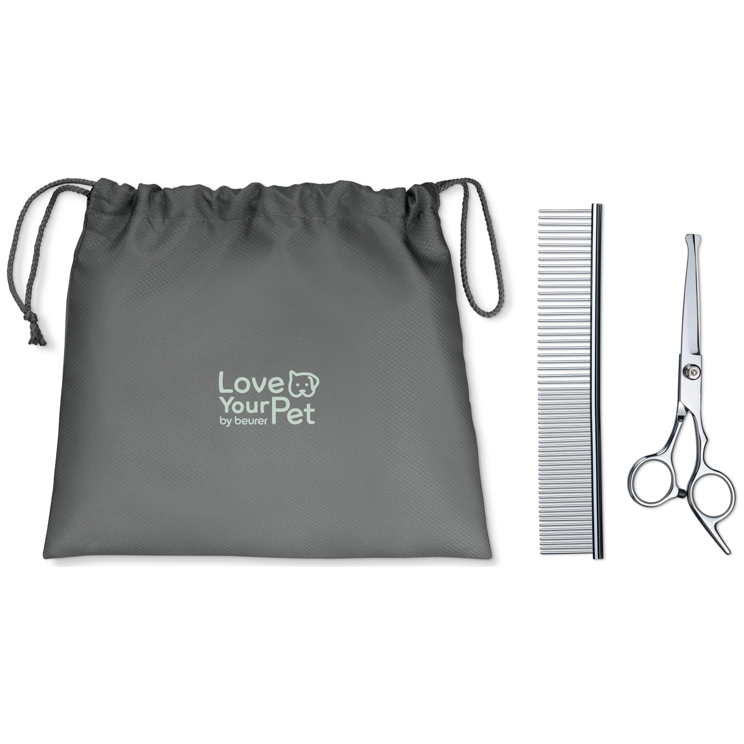 Grijze tas met trekkoord, "Love Your Pet" logo, metalen kam en zilveren schaar.