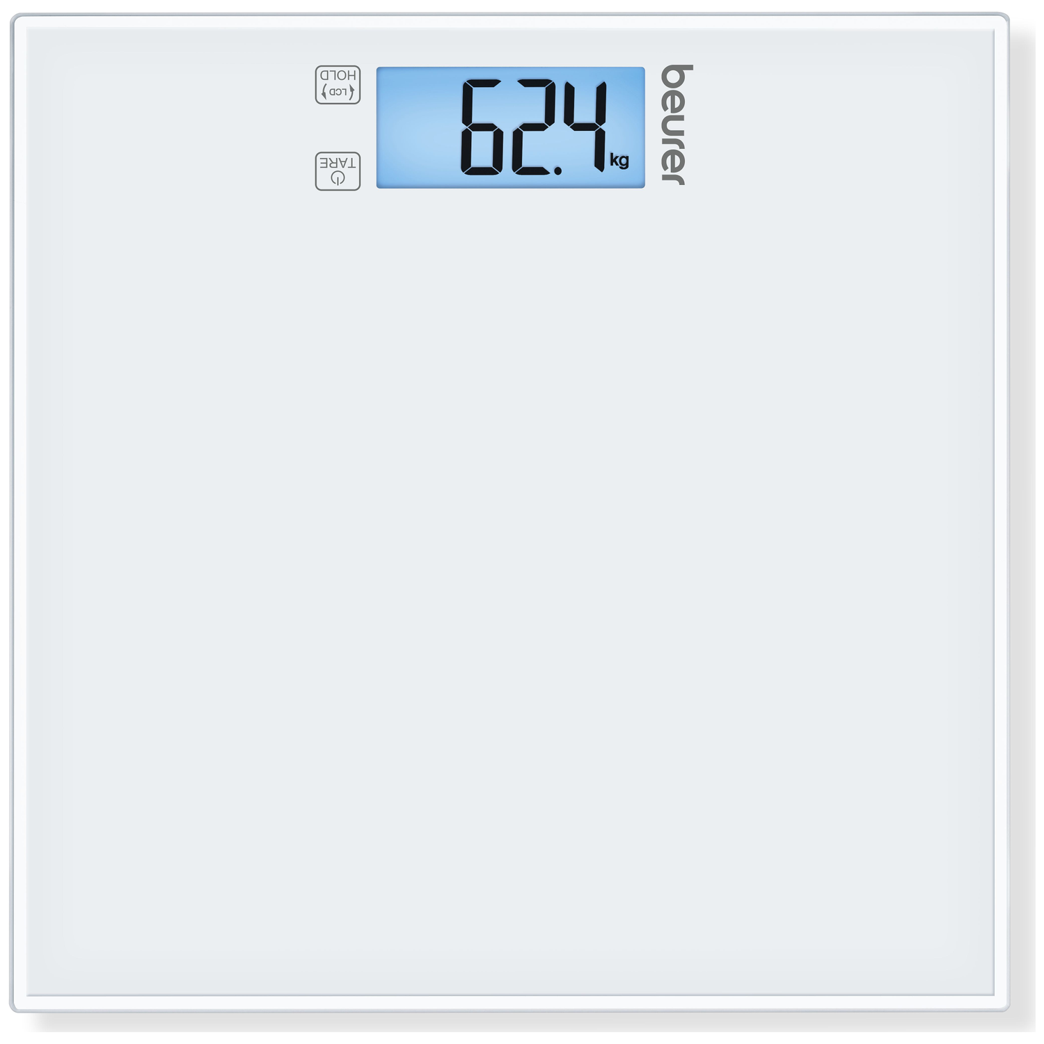 Witte digitale weegschaal toont 62,4 kg. Beurer logo rechtsboven.