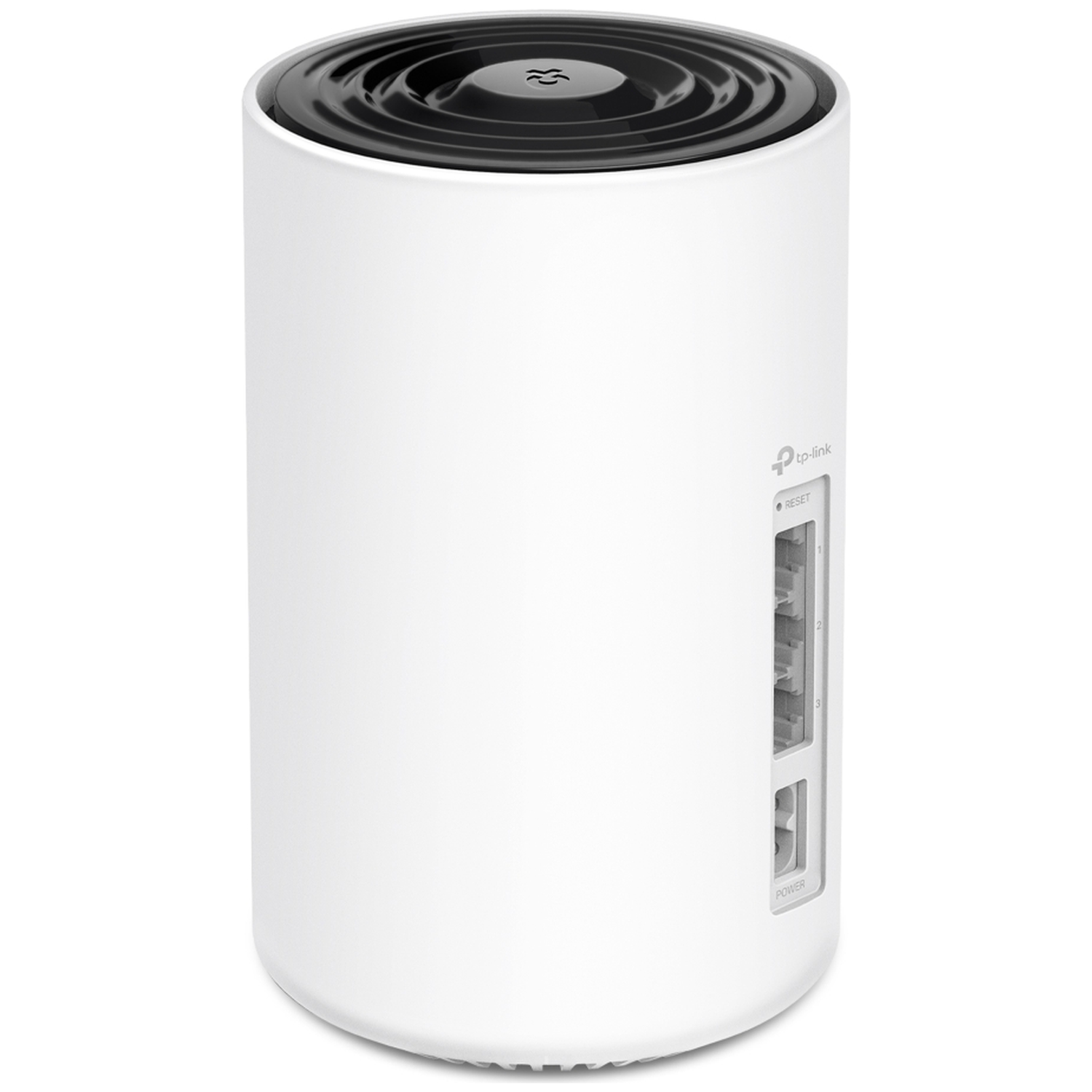Un routeur TP-Link blanc avec grille noire en haut et ports Ethernet.