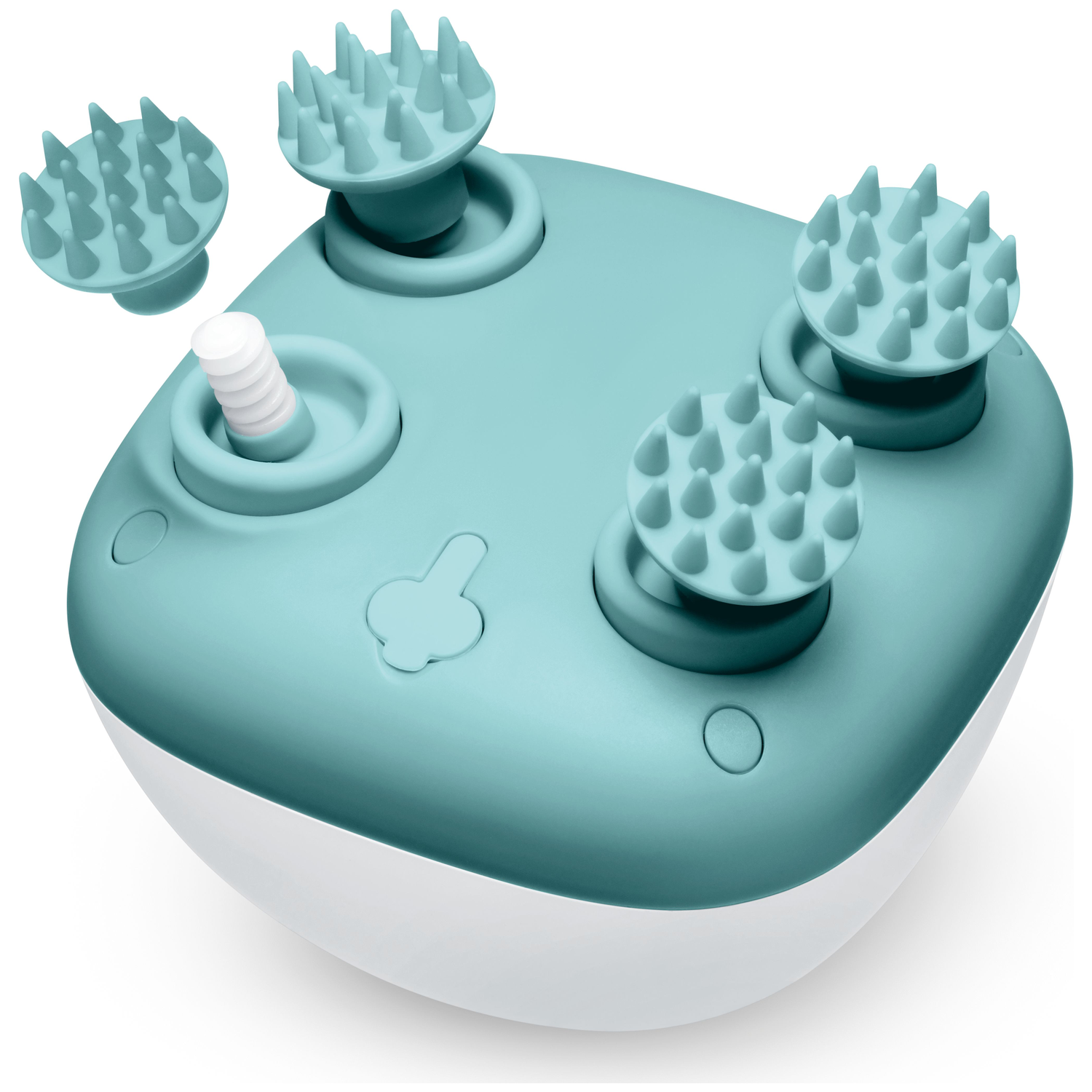 Een tealkleurige massager met vier flexibele nopjes en een centrale steel.
