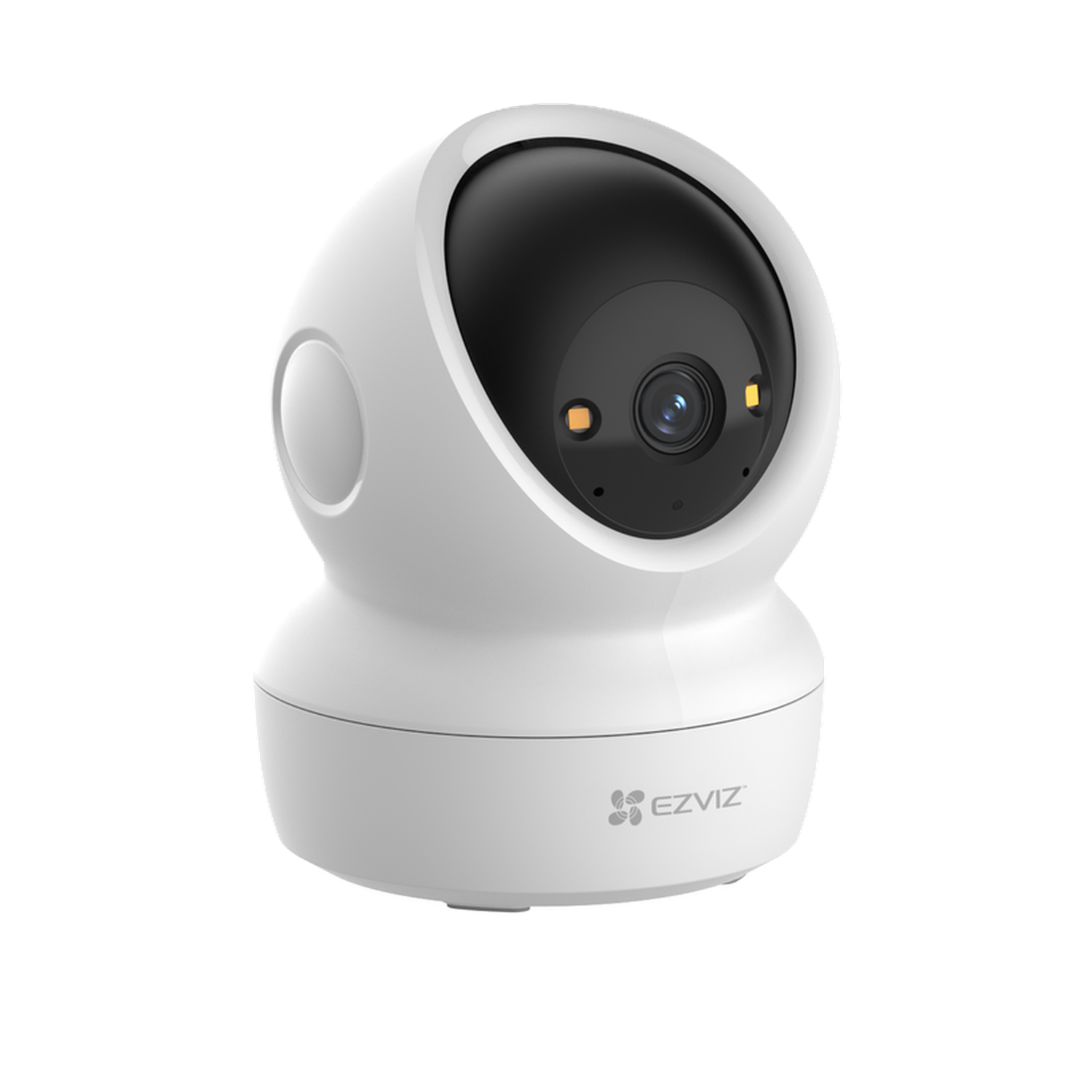 A white pan-tilt camera with a black dome and EZVIZ logo on its base.