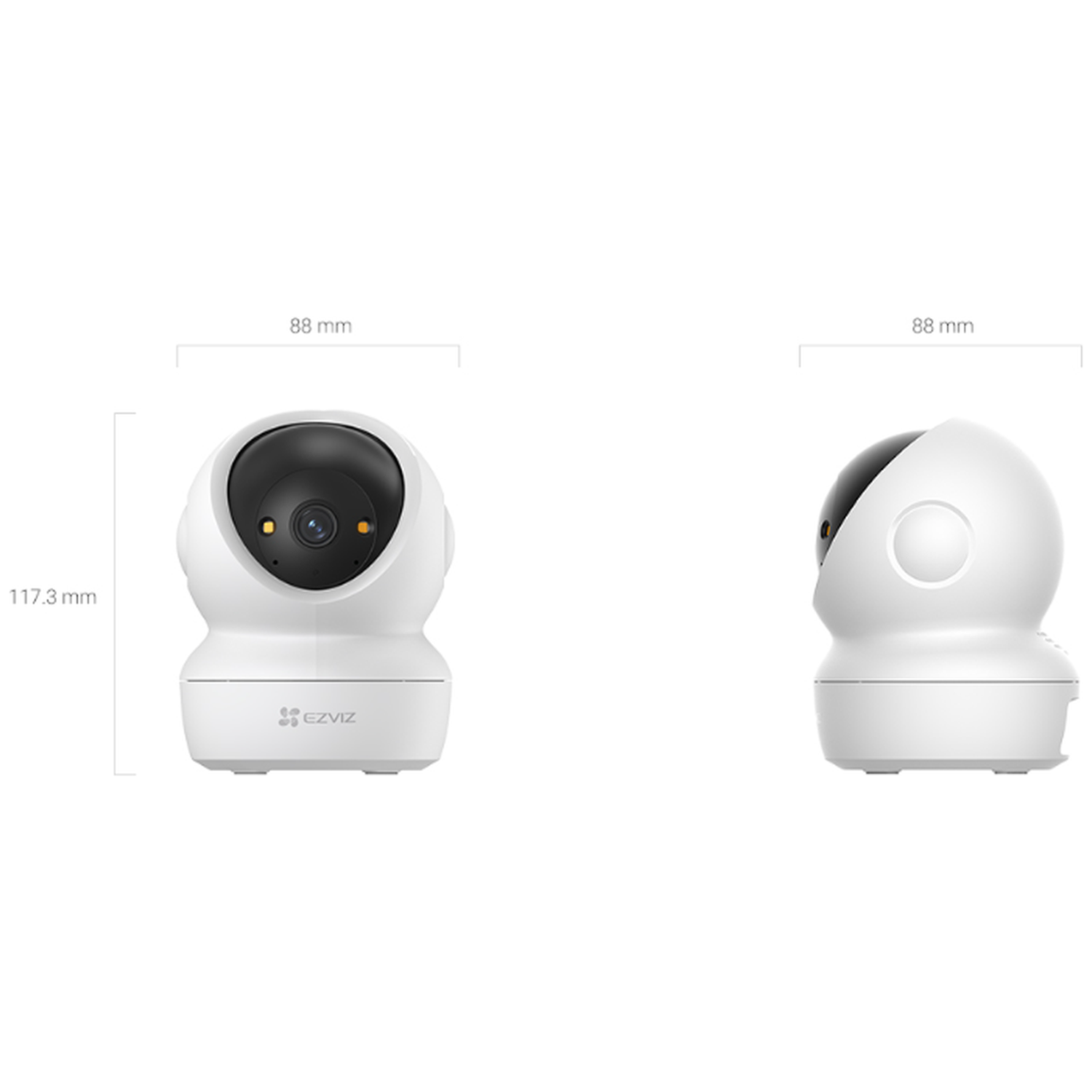 Front and side views of a white EZVIZ security camera with dimensions labeled.