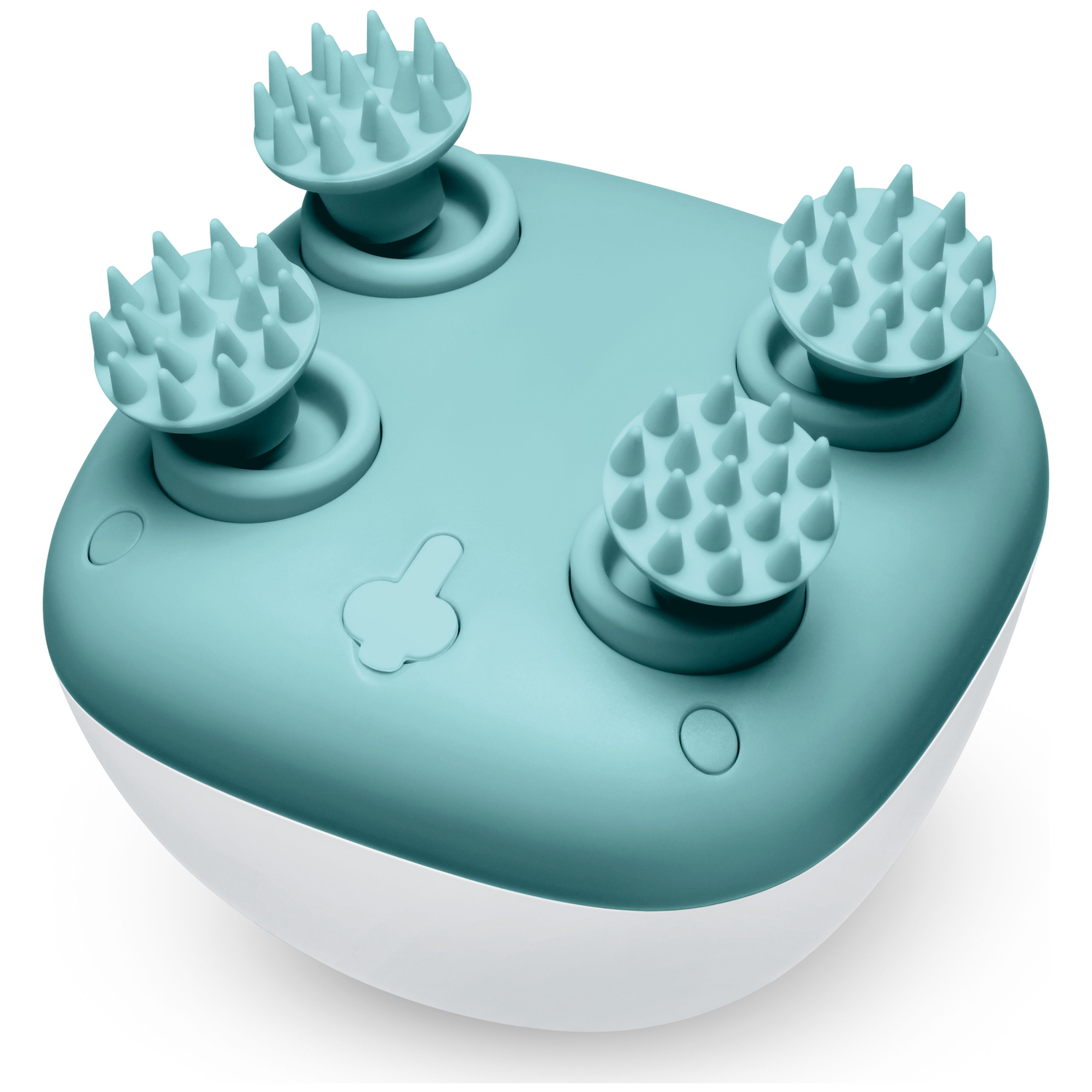 Een turkooizen massager met vier flexibele siliconen borstelharen opzetstukken.