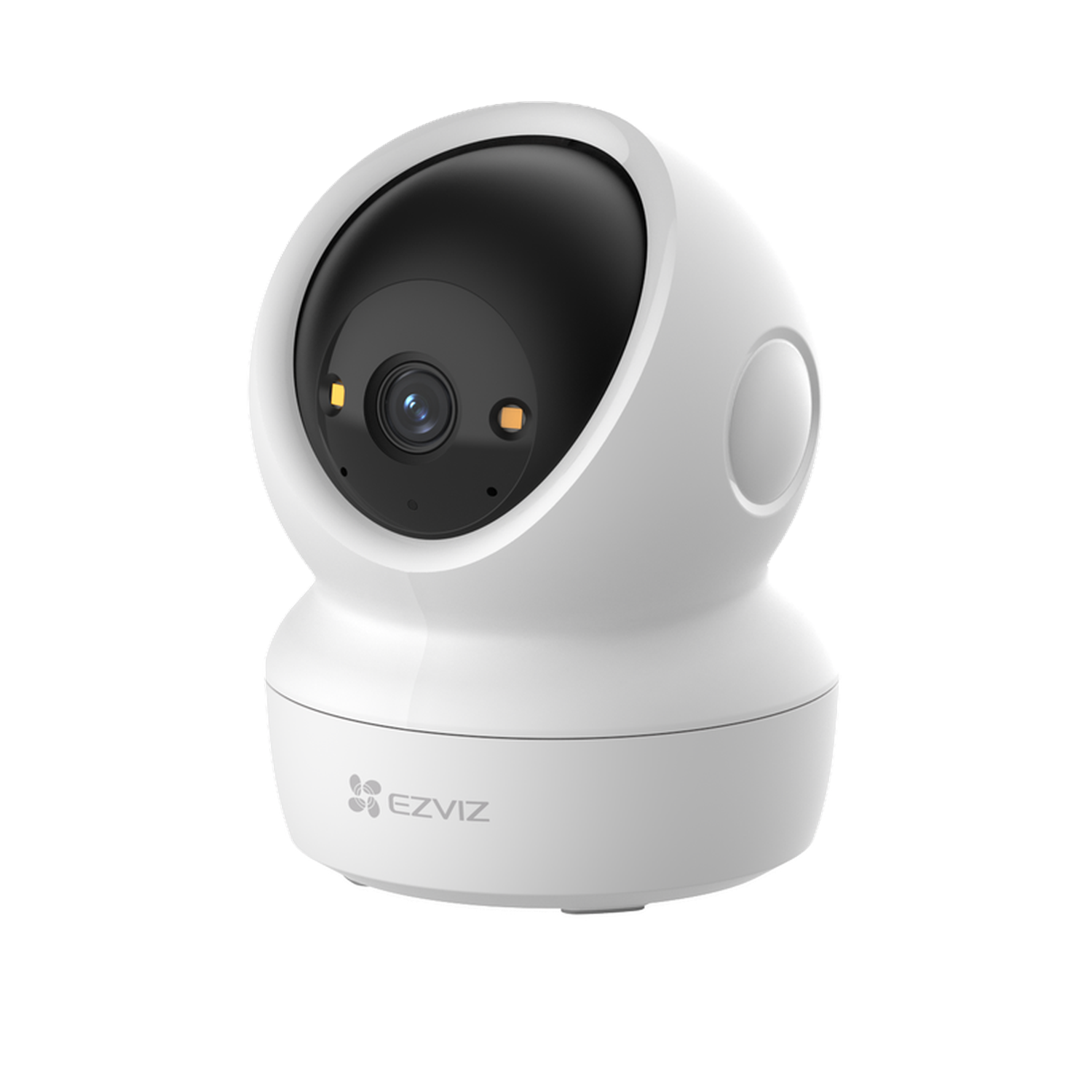 White security camera with black lens and two orange lights.