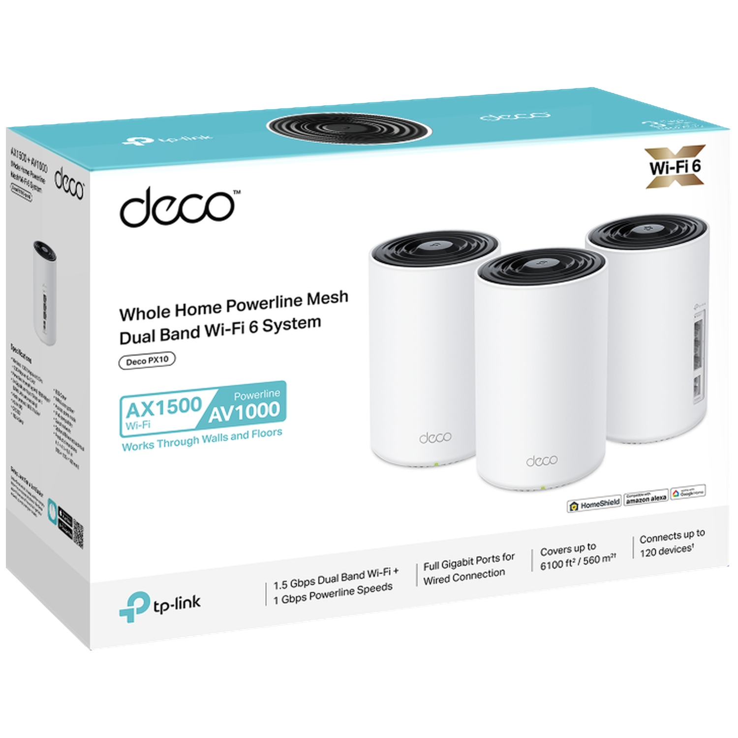 TP-Link Deco PX10 : Un système de mesh blanc avec trois unités sur une boîte.