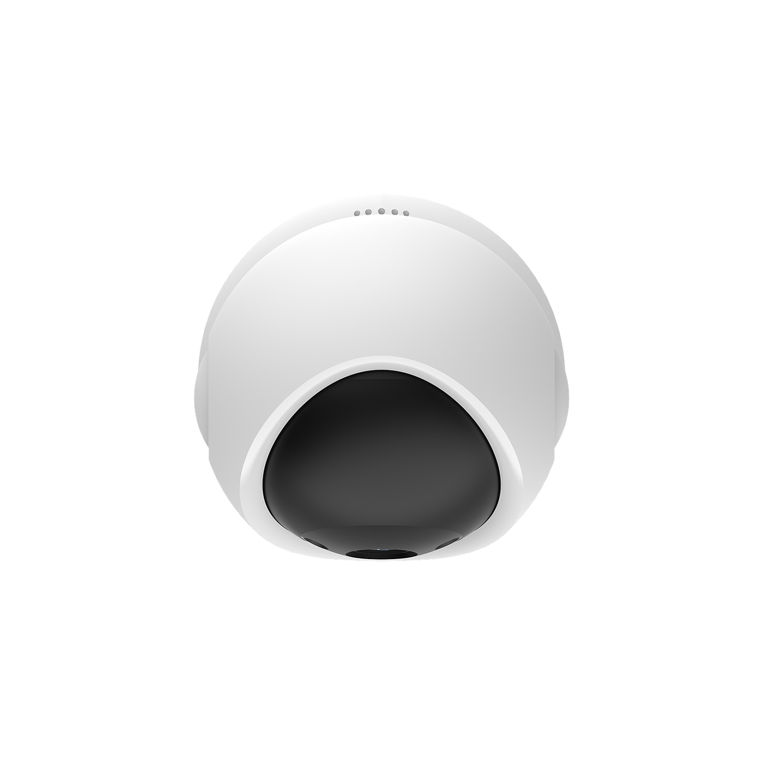 White security camera with black lens and four small lights on top.