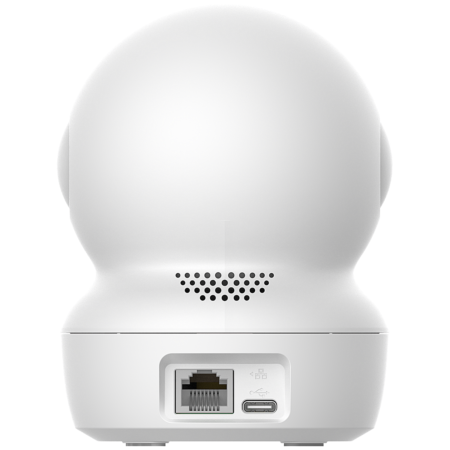 Back view of a white security camera showing Ethernet and USB-C ports.