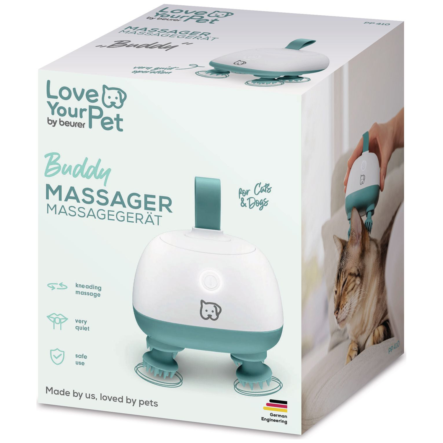 Verpakking van huisdier massager met een rustig katmotief aan de zijkant.