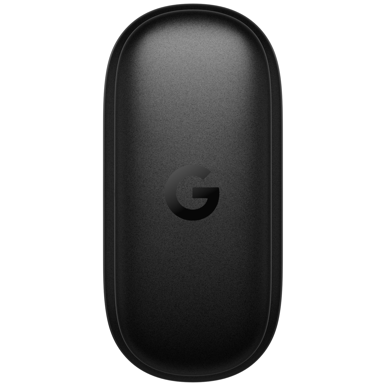 Een zwart, ovaal Google Pixel Buds Pro oplaaddoosje met een gegraveerd G-logo.