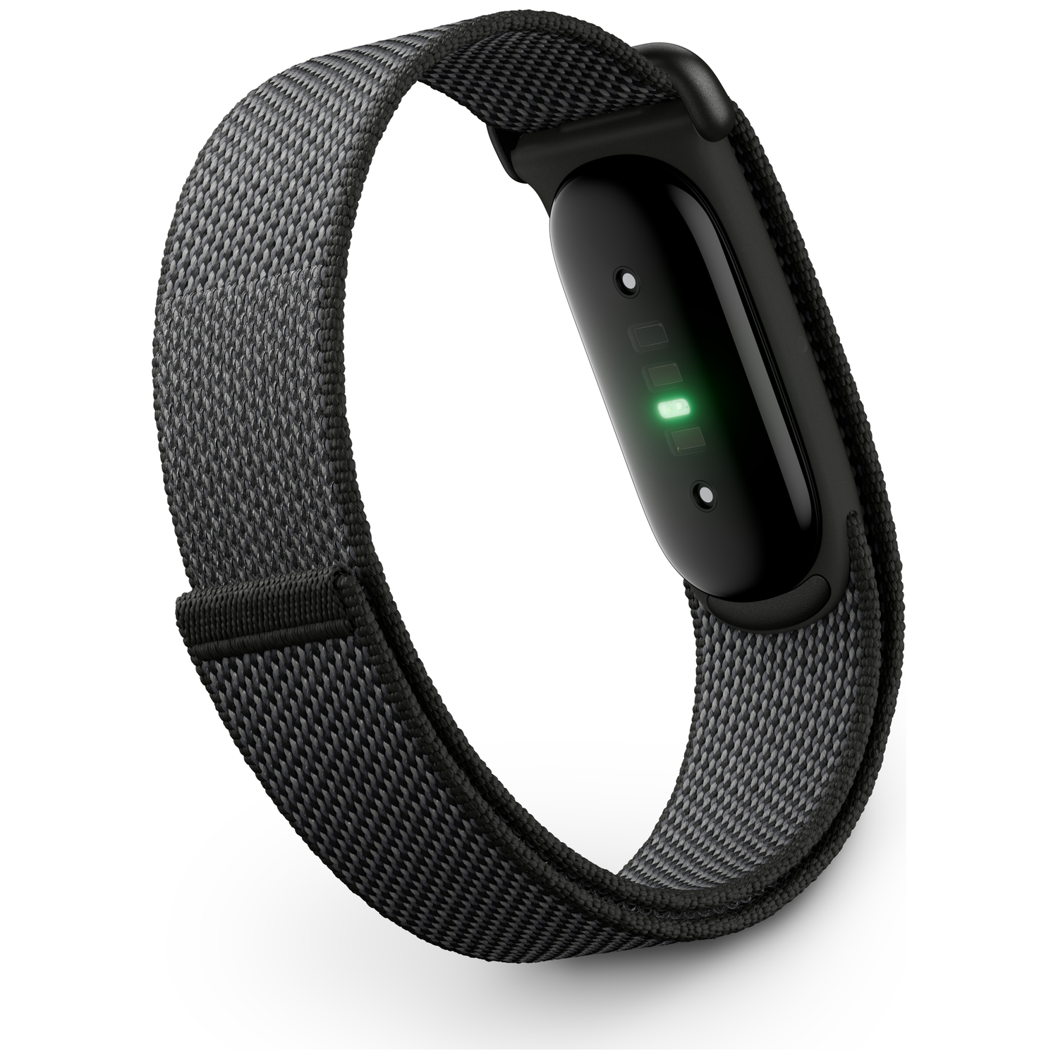 Een zwarte activity tracker met grijze stoffen band en groene lichtindicator.