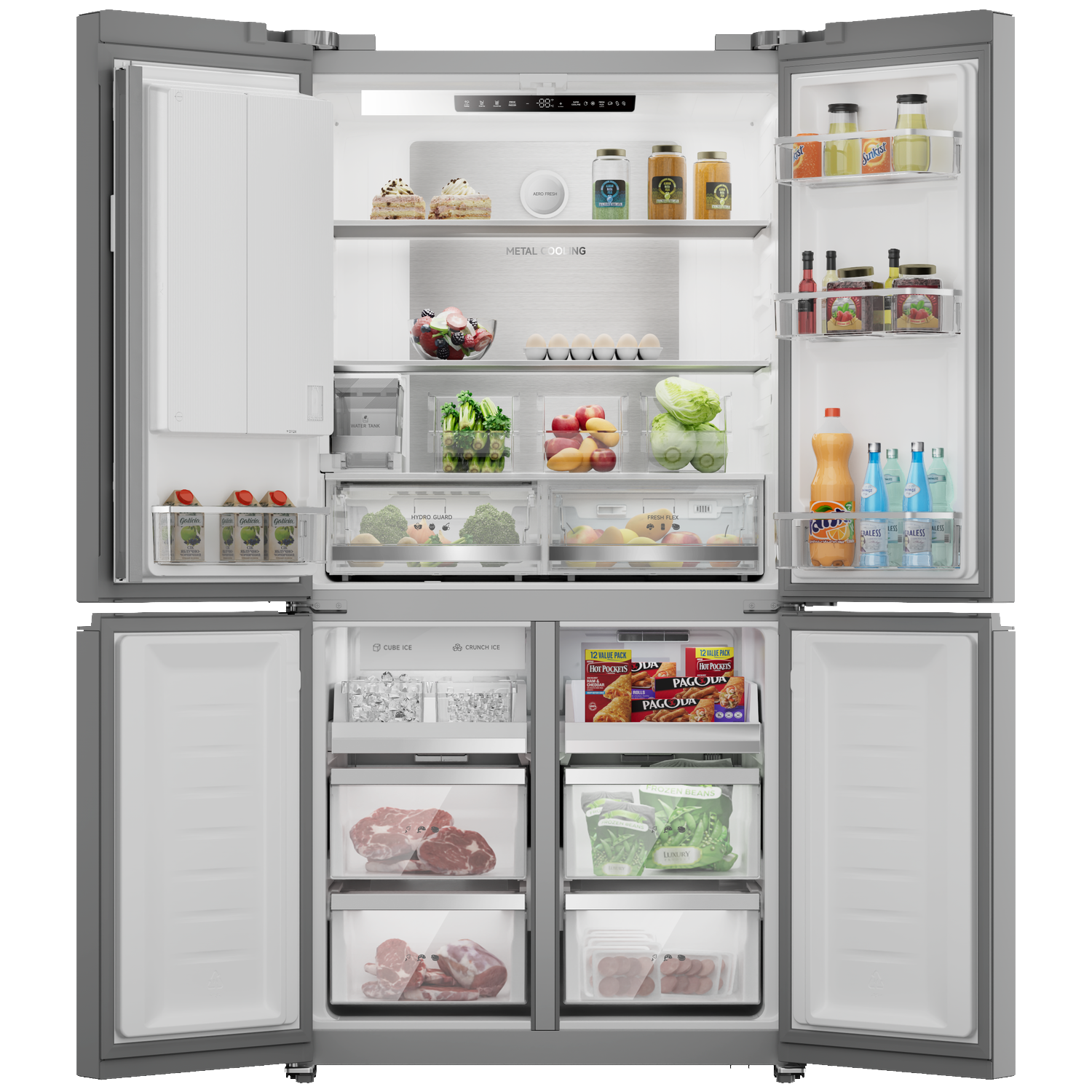 Un réfrigérateur ouvert avec des aliments, de la glace et des boissons.