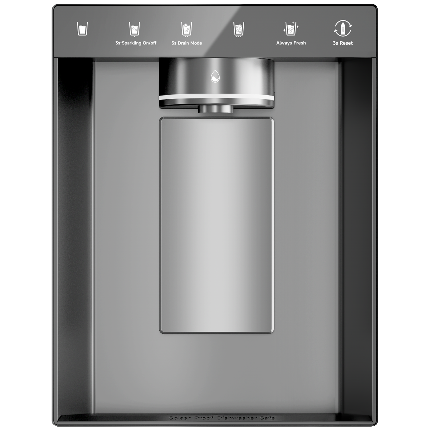 Distributeur d'eau gris avec commandes tactiles pour options pétillant, drainage, frais et réinitialisation.