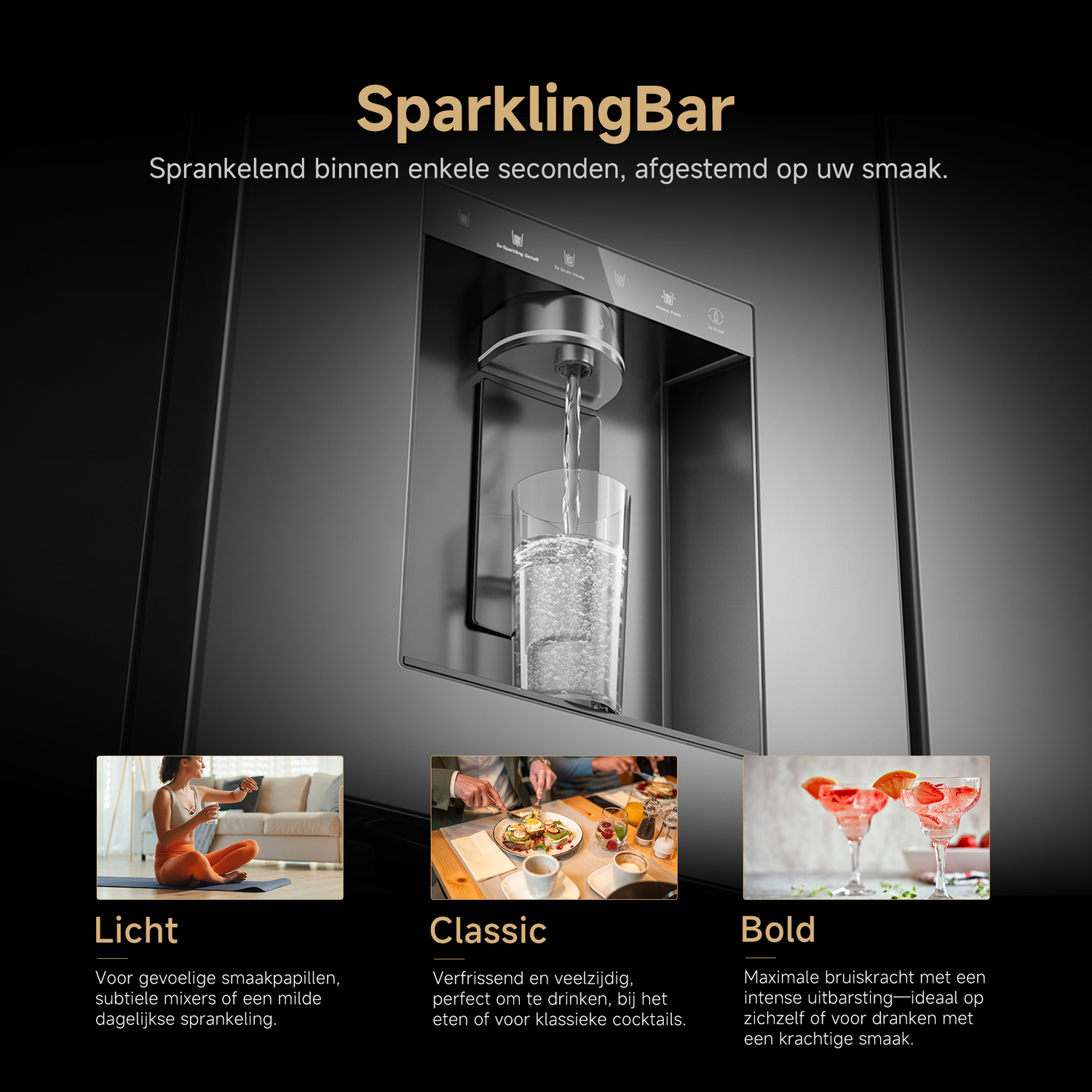 Een waterdispenser bruist water in een glas, met ernaast afbeeldingen van dranken.