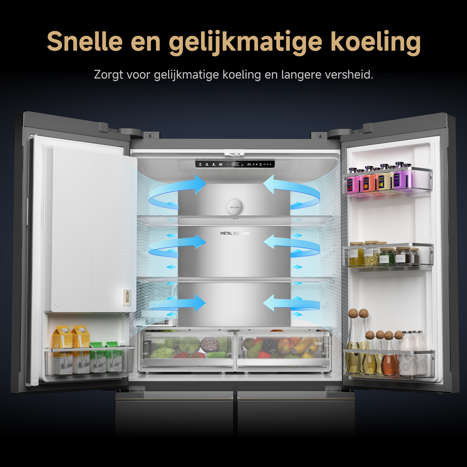 Open koelkast met fruit, groenten, melk en dranken. Blauwe pijlen tonen luchtcirculatie.