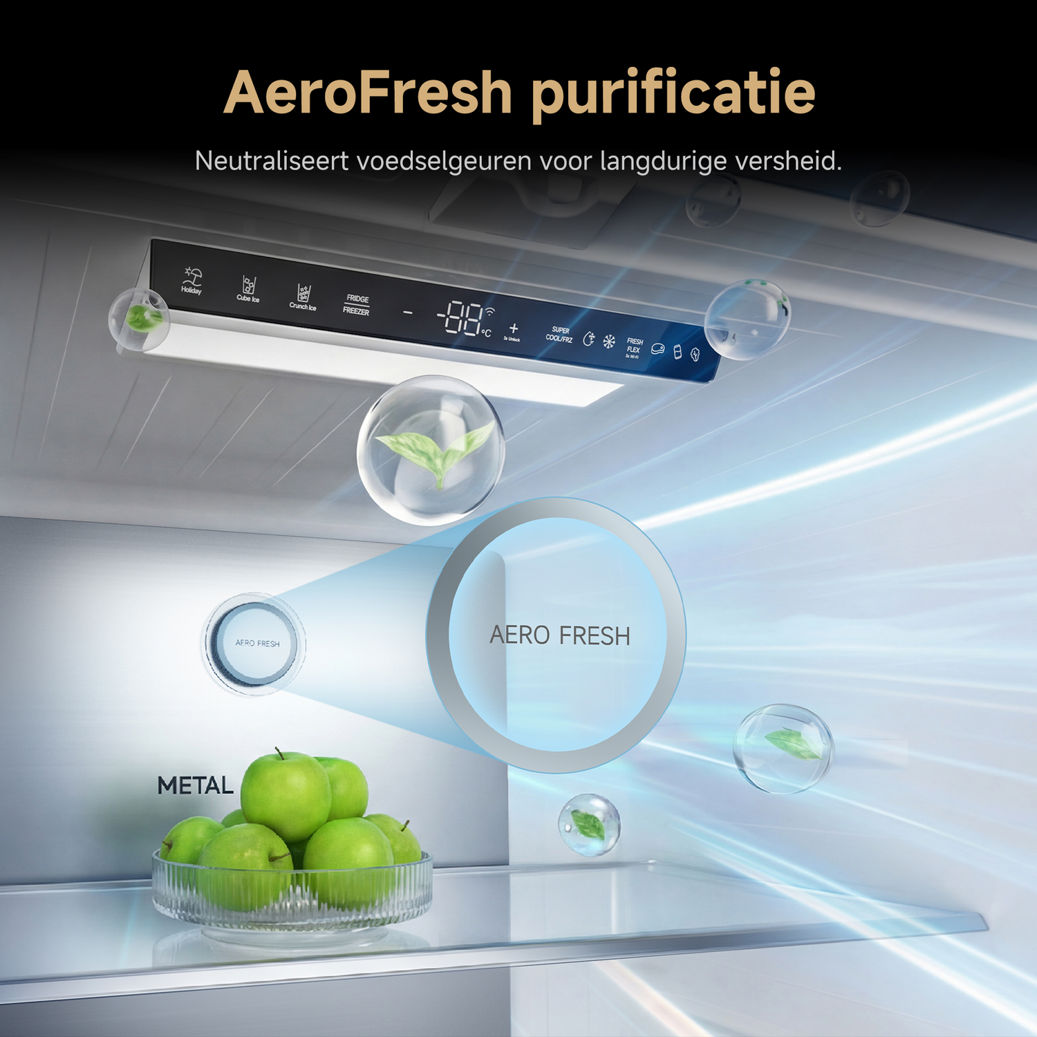 Groene appels in een glazen schaal in een koelkast met AeroFresh-technologie.