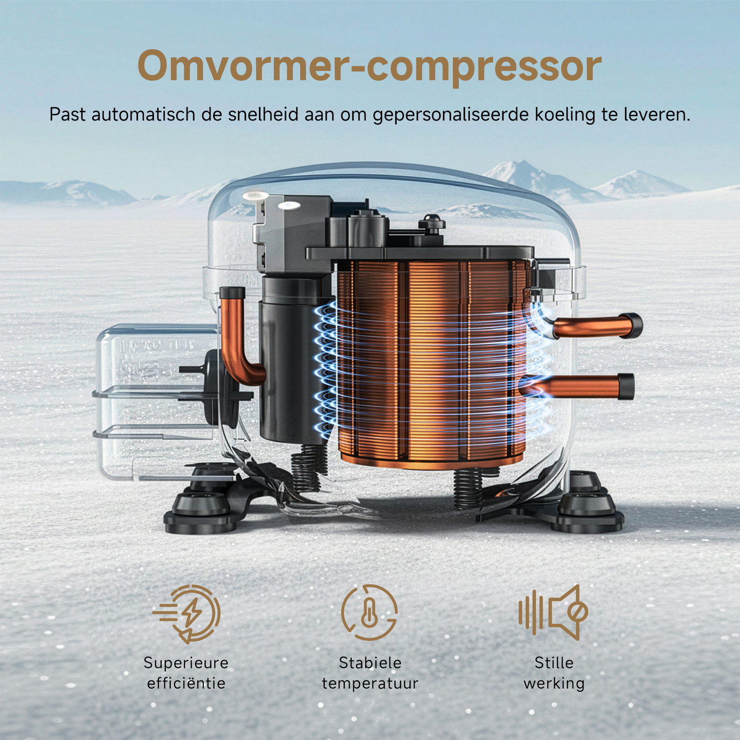 Een compressor met koperen wikkelingen en transparante behuizing op besneeuwde ondergrond.