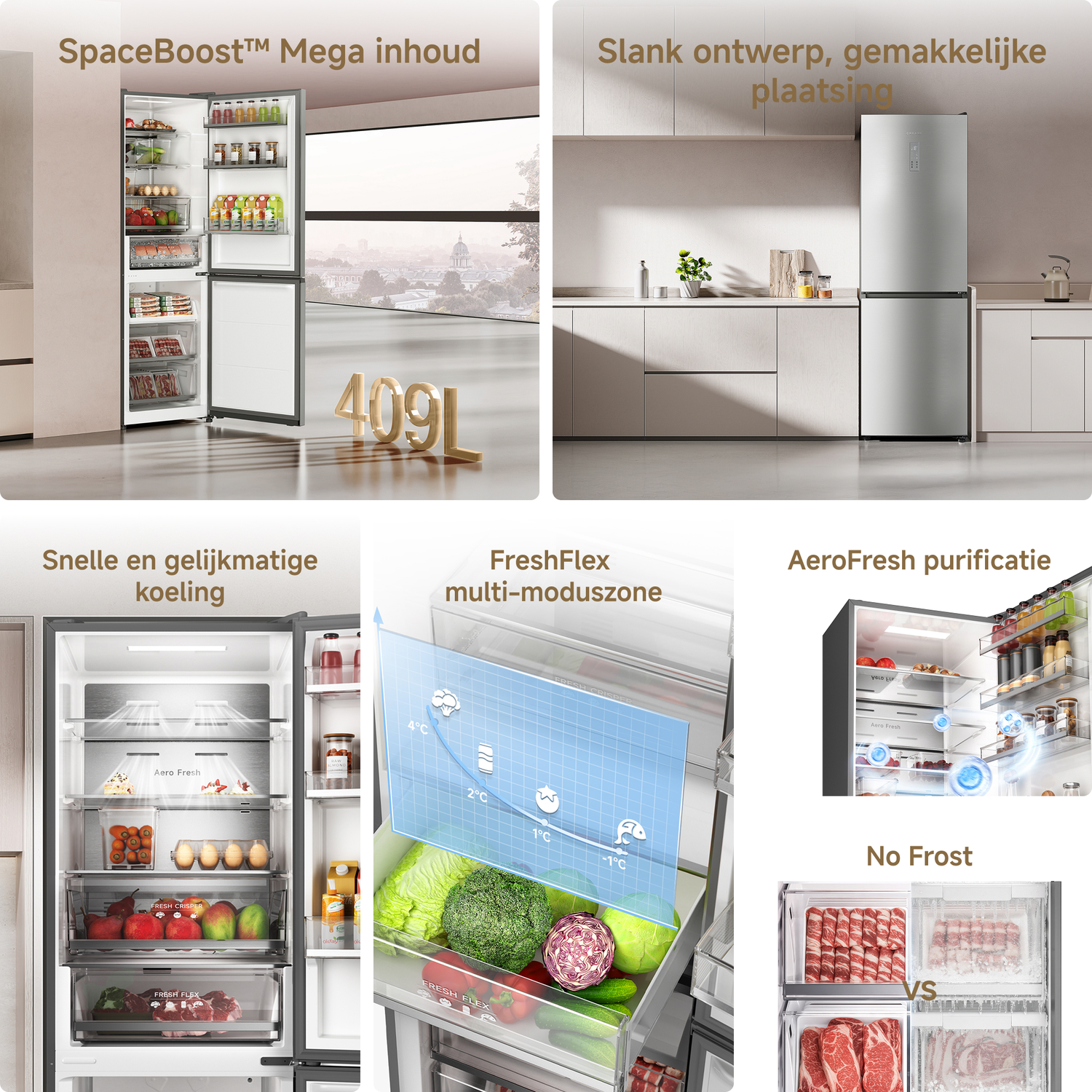 Koelkast interieur met voedsel, diverse zones en technologieën getoond.