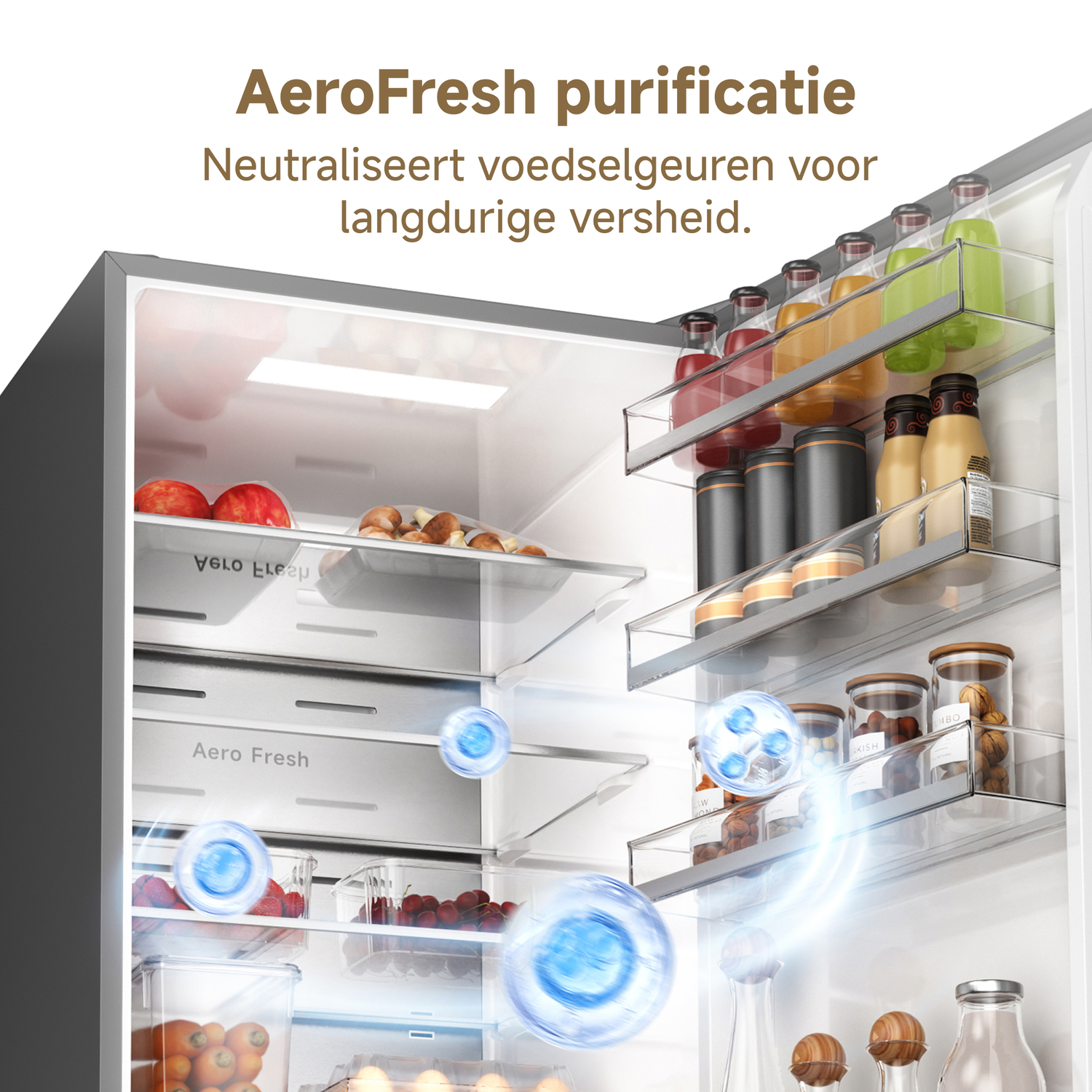 Open koelkast met eten, drinken en AeroFresh technologie visualisatie.