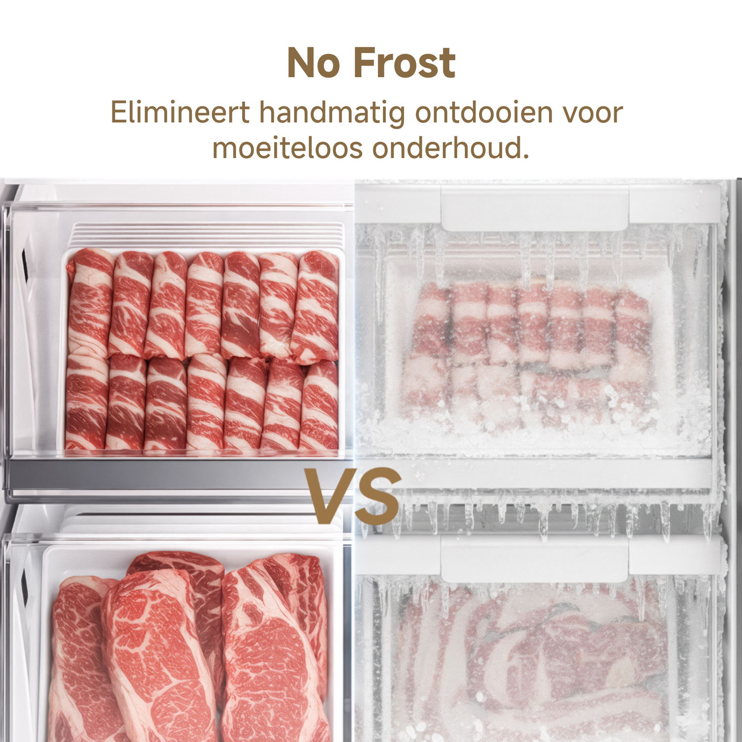 Vergelijking: Vlees zonder rijp links, met rijp rechts. Boven gerold, onder plakjes.