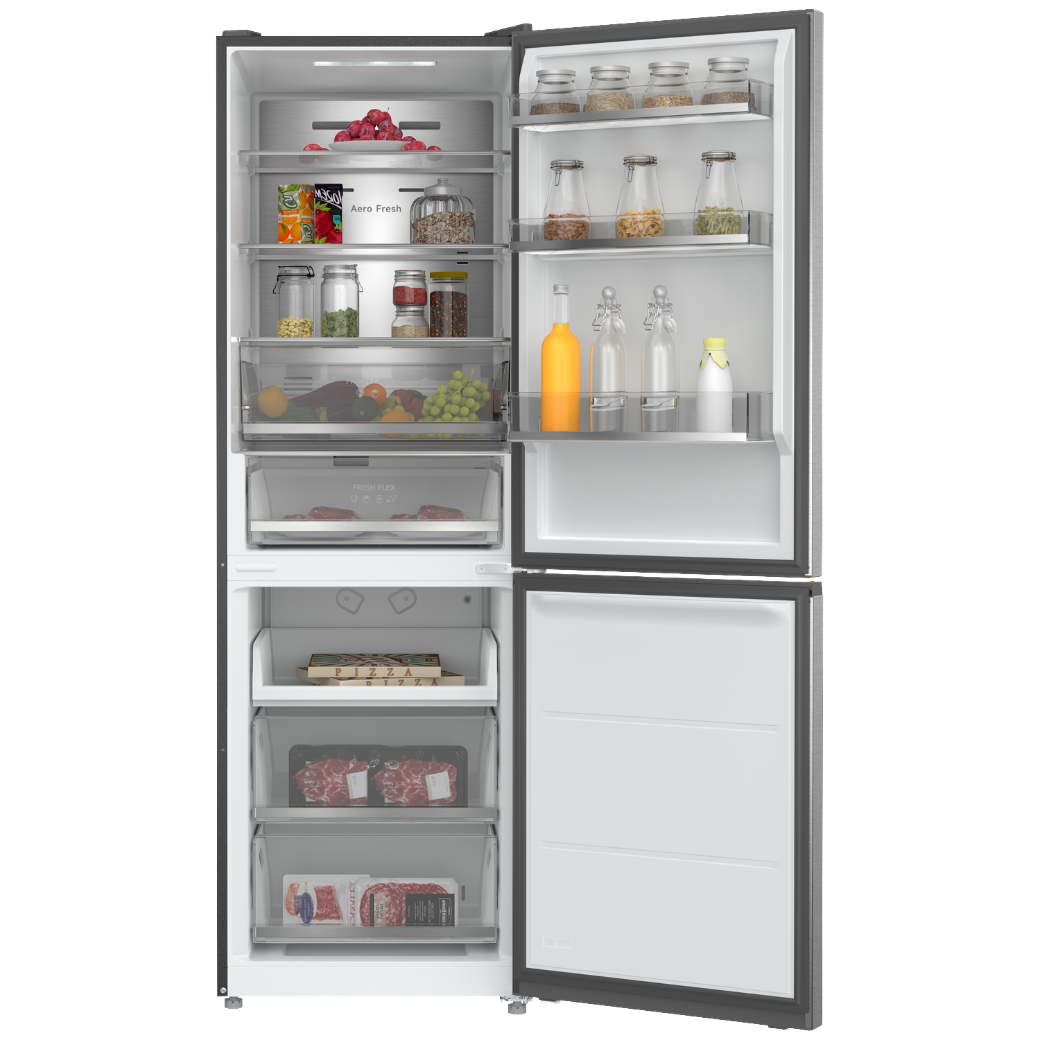 Open koelkast met voedsel, fruit, groenten en vlees.