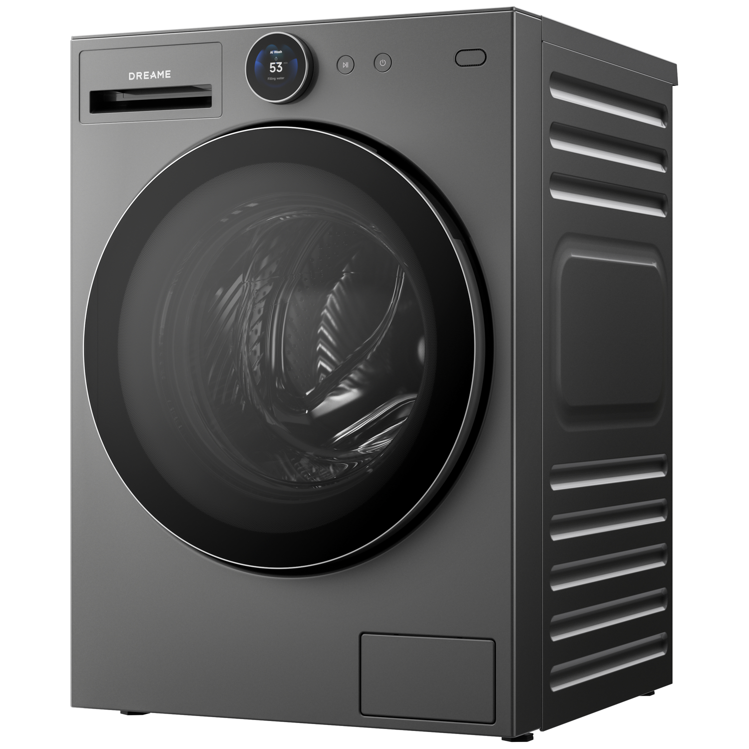 Grijze wasmachine met een grote ronde deur en een digitaal display.
