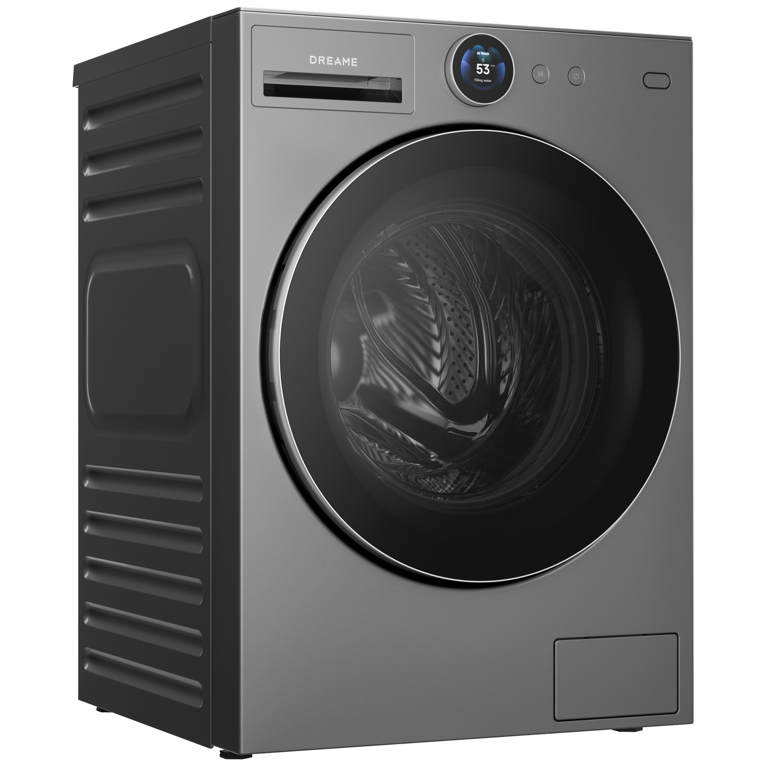 Grijze wasmachine met ronde deur en digitaal display. Ventilatieroosters aan de zijkant.