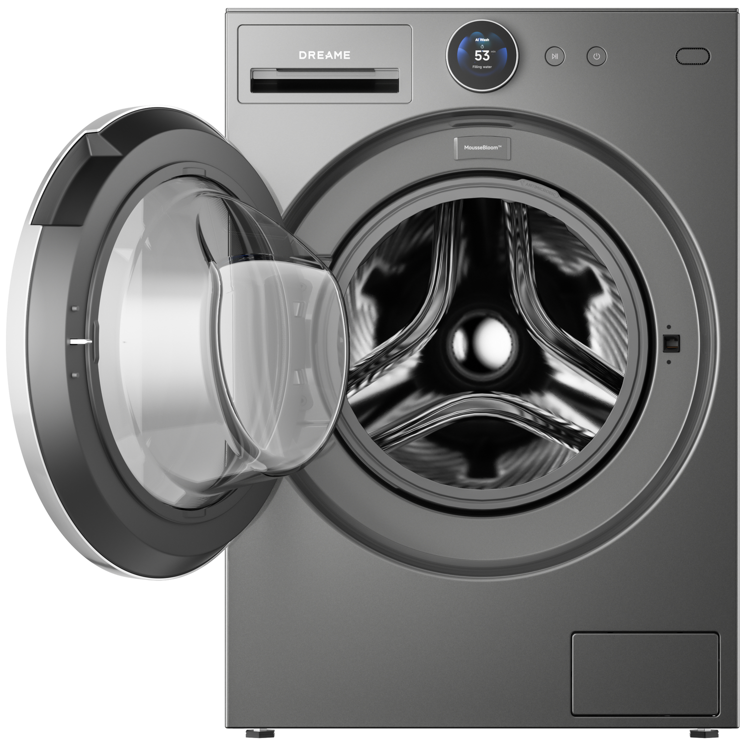 Grijze wasmachine met open glazen deur en digitaal display.