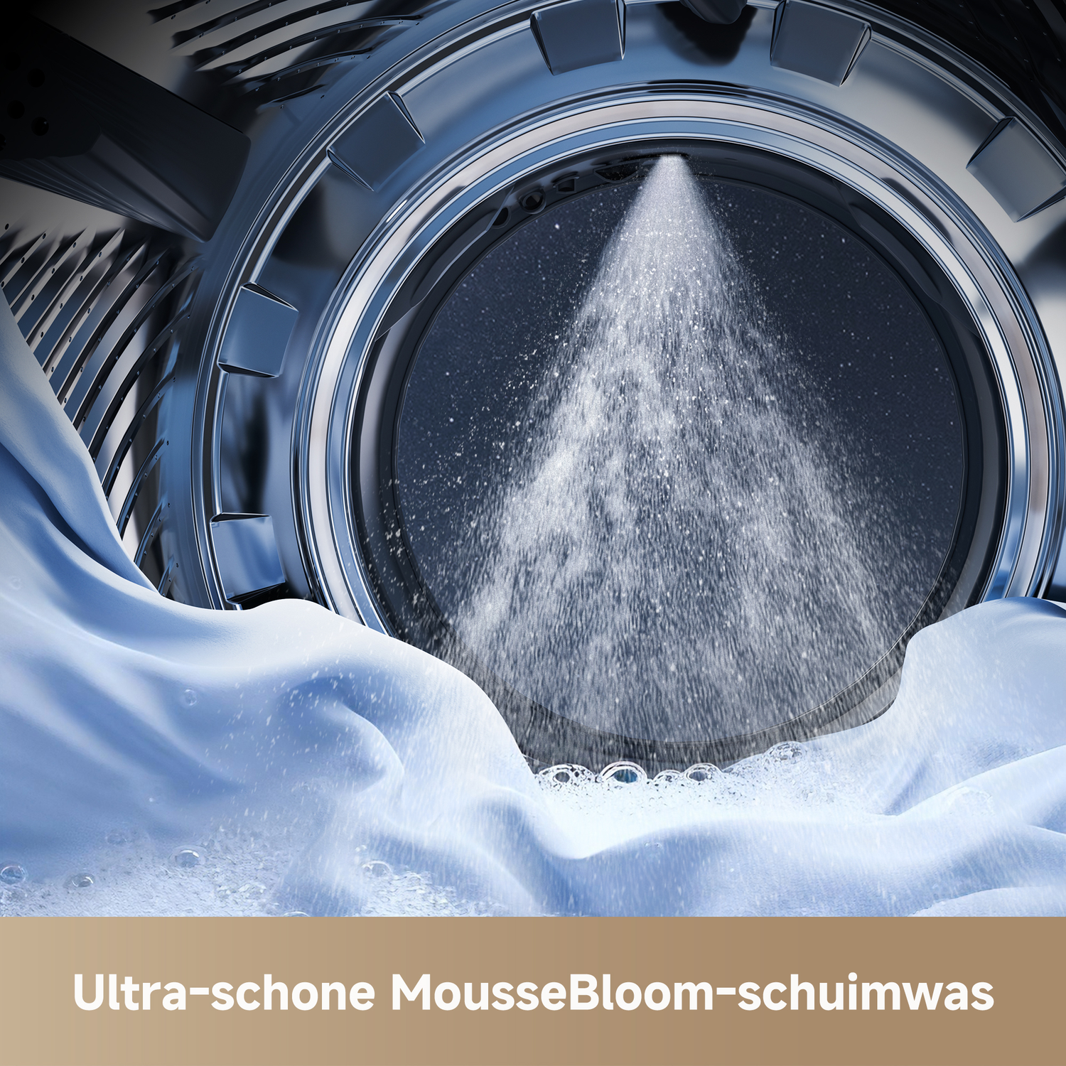 Close-up van wasmachine met waterstraal en schuim op stof.
